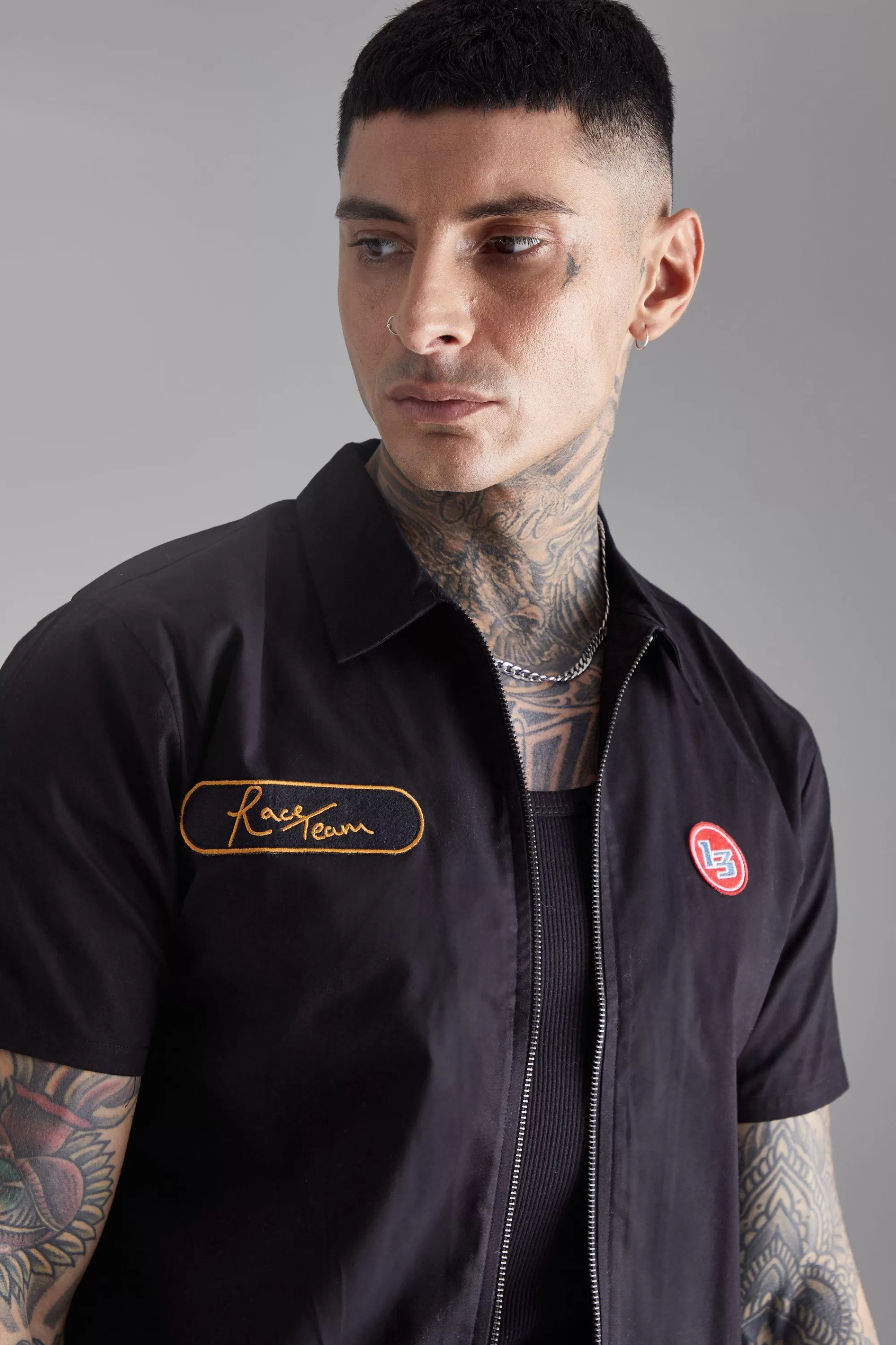 boohooMAN Tall Short Sleeve Twill Zip Moto Shirt | UK