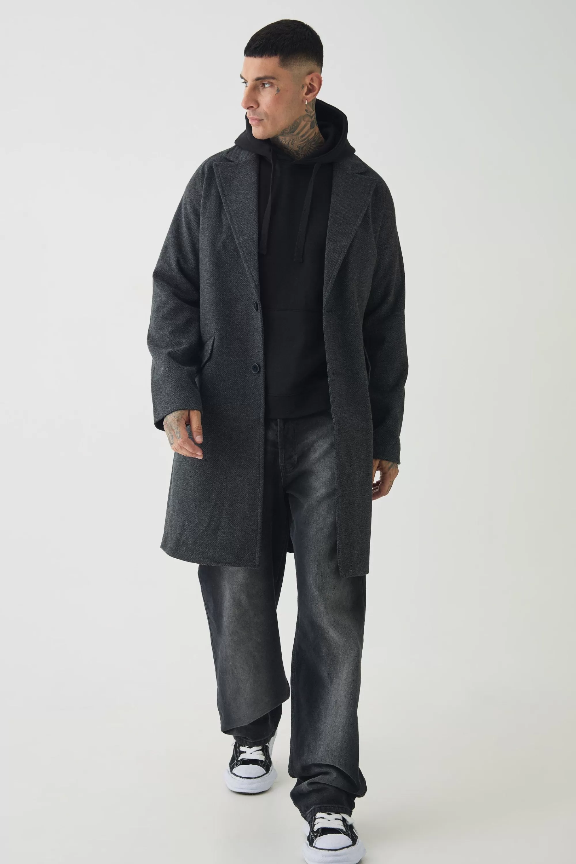 boohooMAN Tall Single Breasted Overcoat In | UK