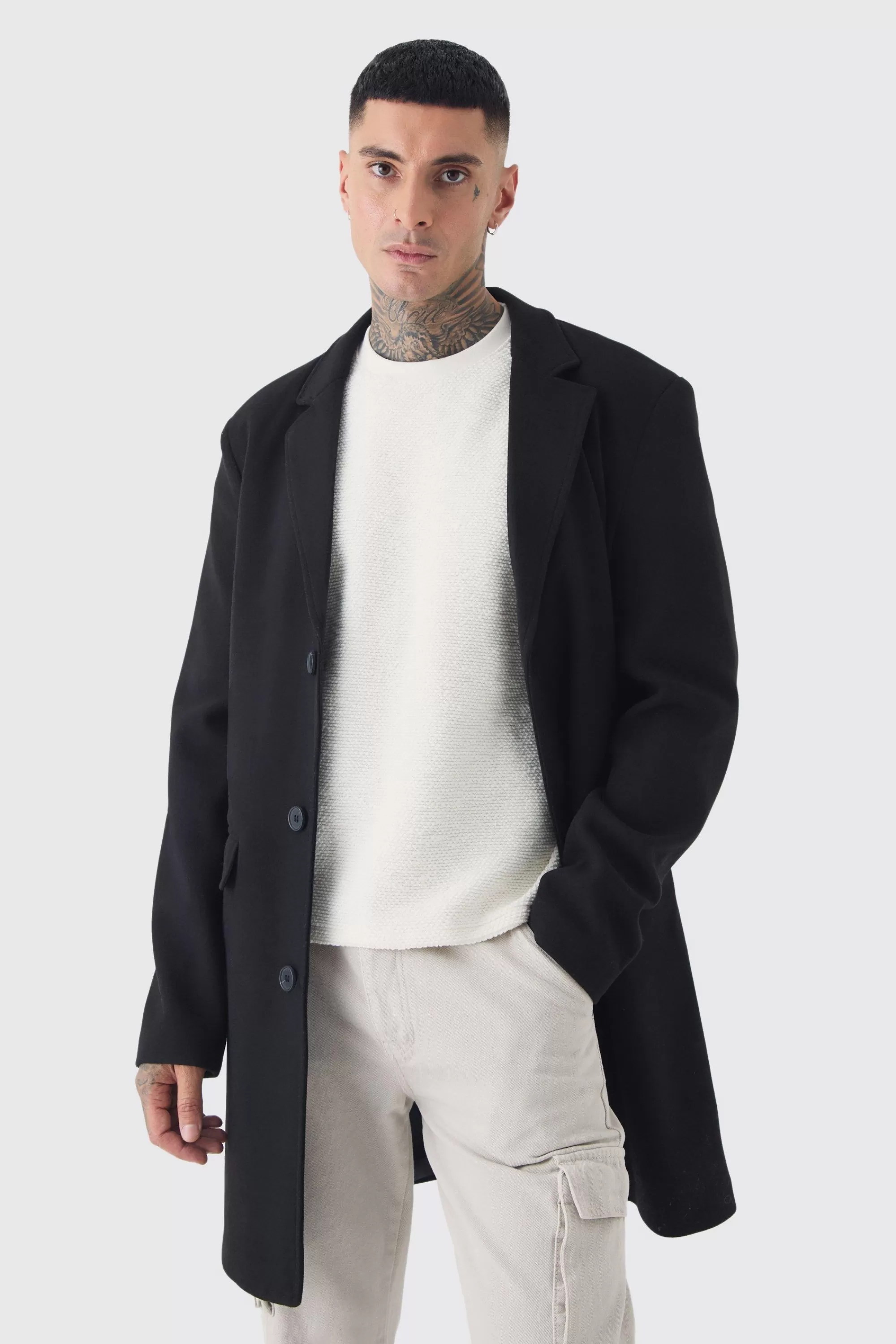 boohooMAN Tall Single Breasted Wool Look Overcoat In | UK