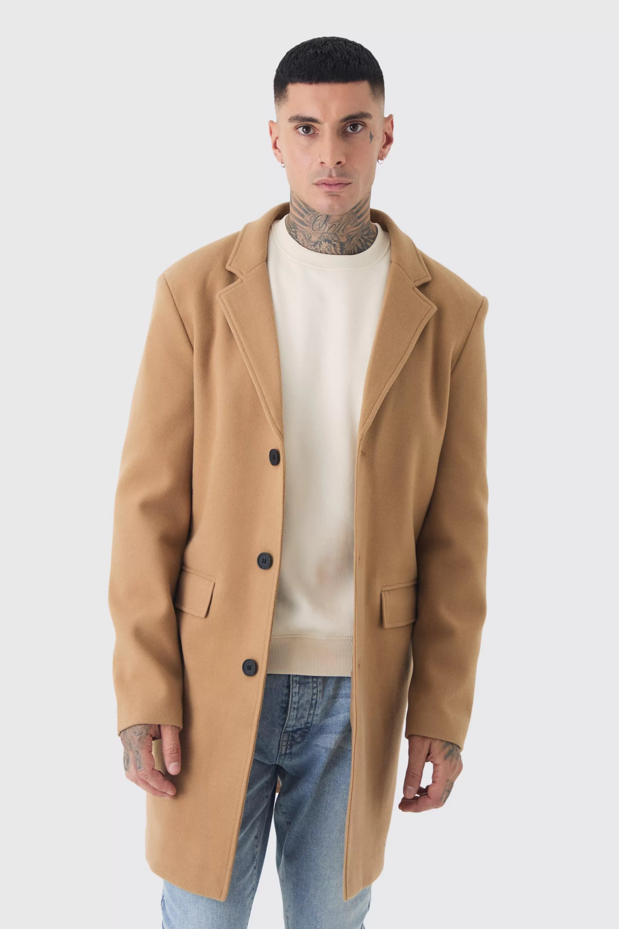 boohooMAN Tall Single Breasted Wool Look Overcoat In | UK