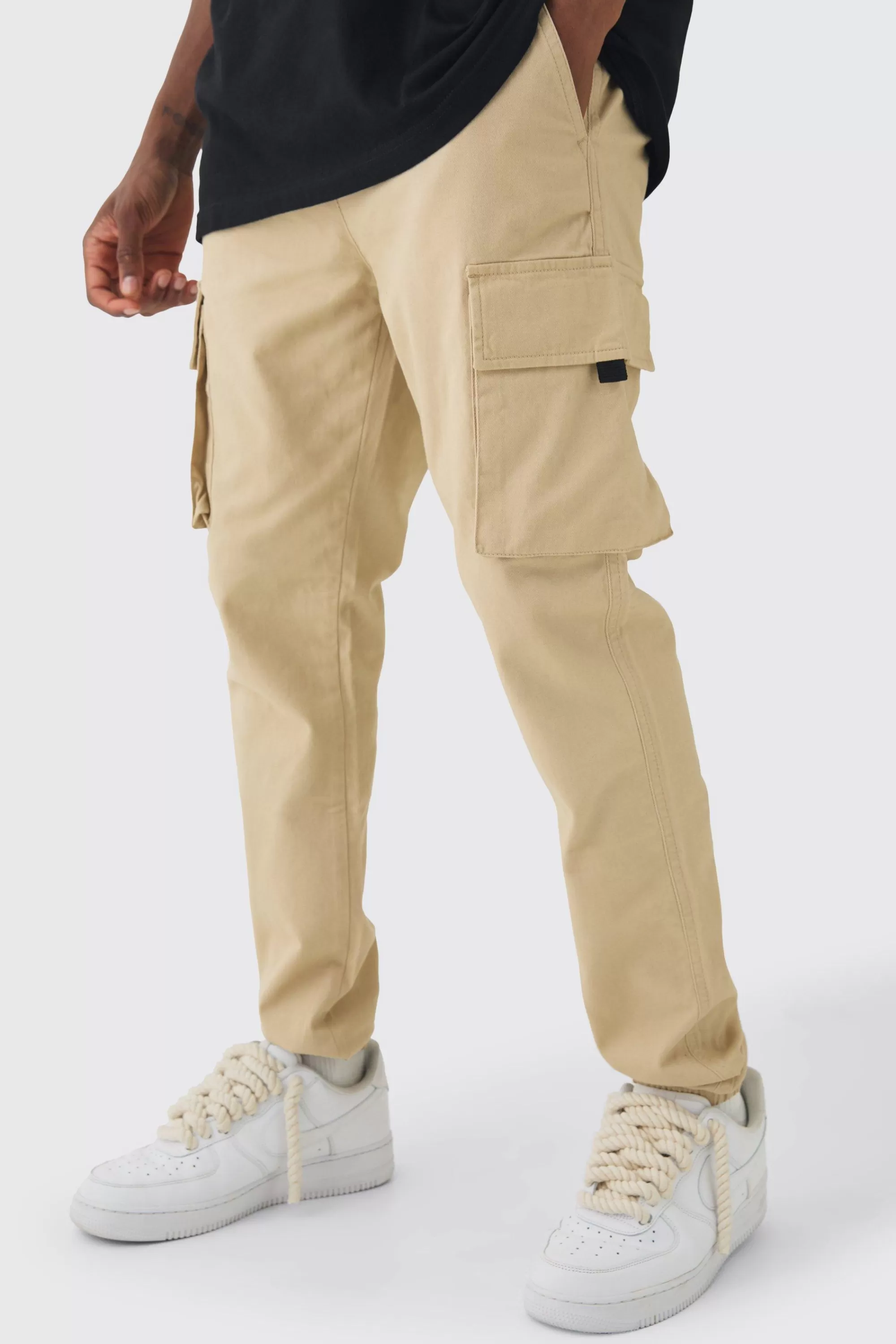 boohooMAN Tall Skinny Fit Elasticated Waist Cuffed Cargo Trousers | UK