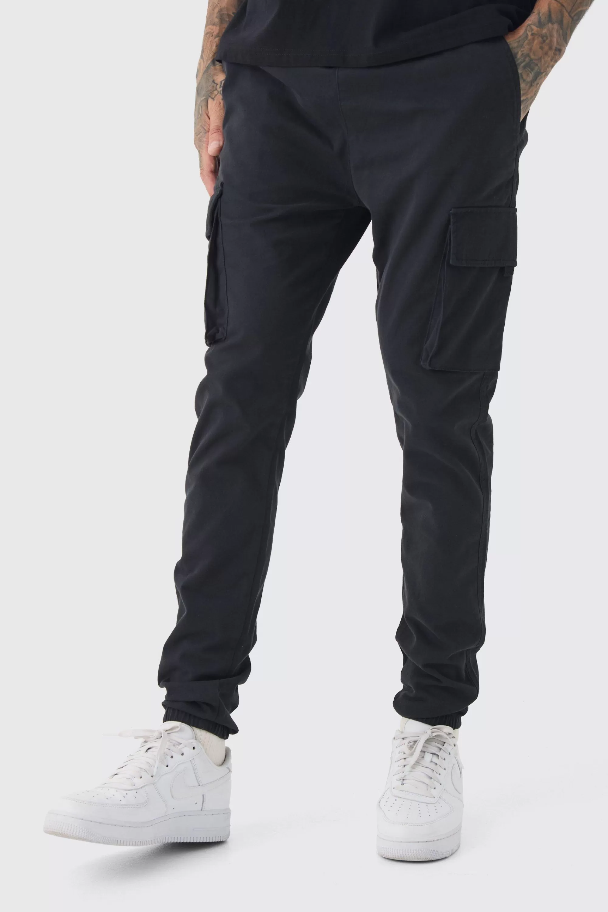 boohooMAN Tall Skinny Fit Elasticated Waist Cuffed Cargo Trousers | UK
