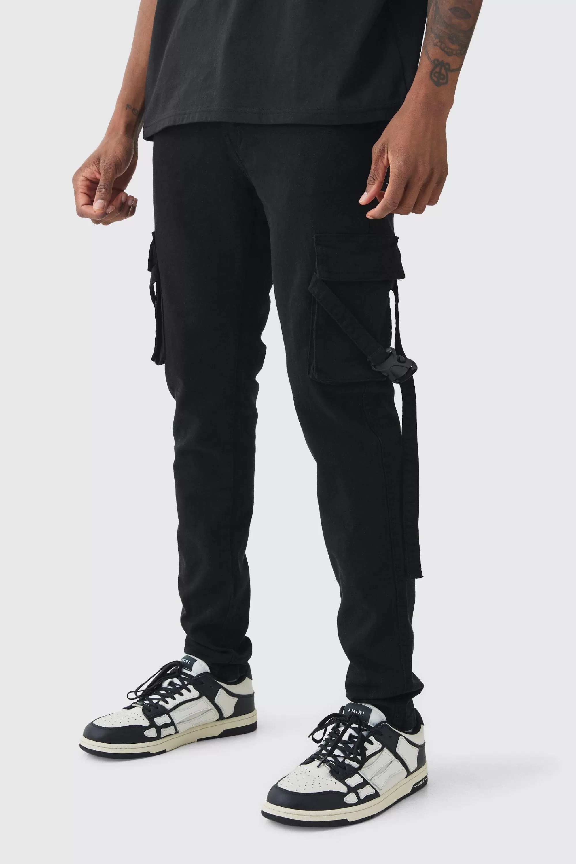 boohooMAN Tall Skinny Overdyed Strap Detail Cargo Trouser In | UK
