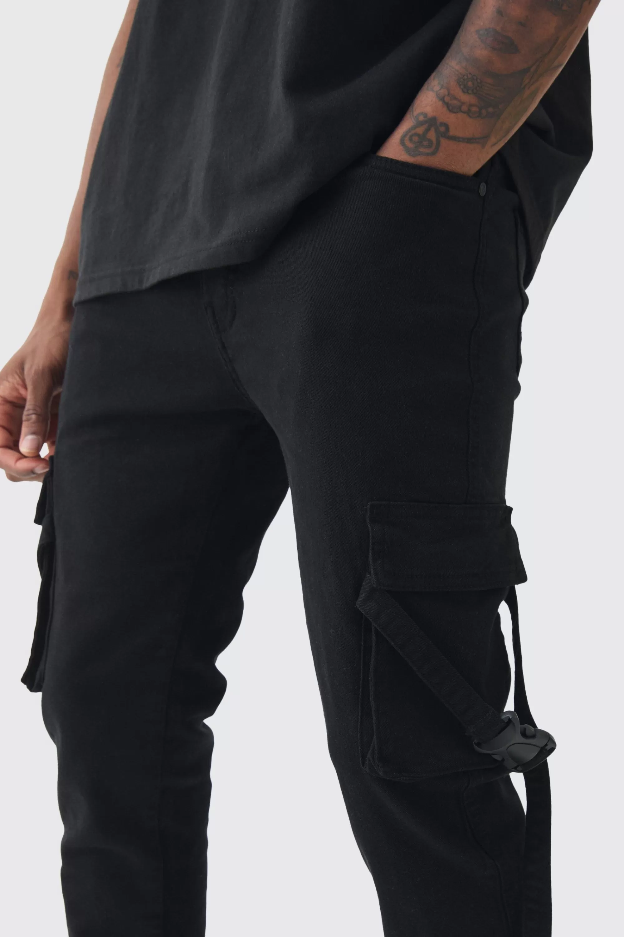 boohooMAN Tall Skinny Overdyed Strap Detail Cargo Trouser In | UK