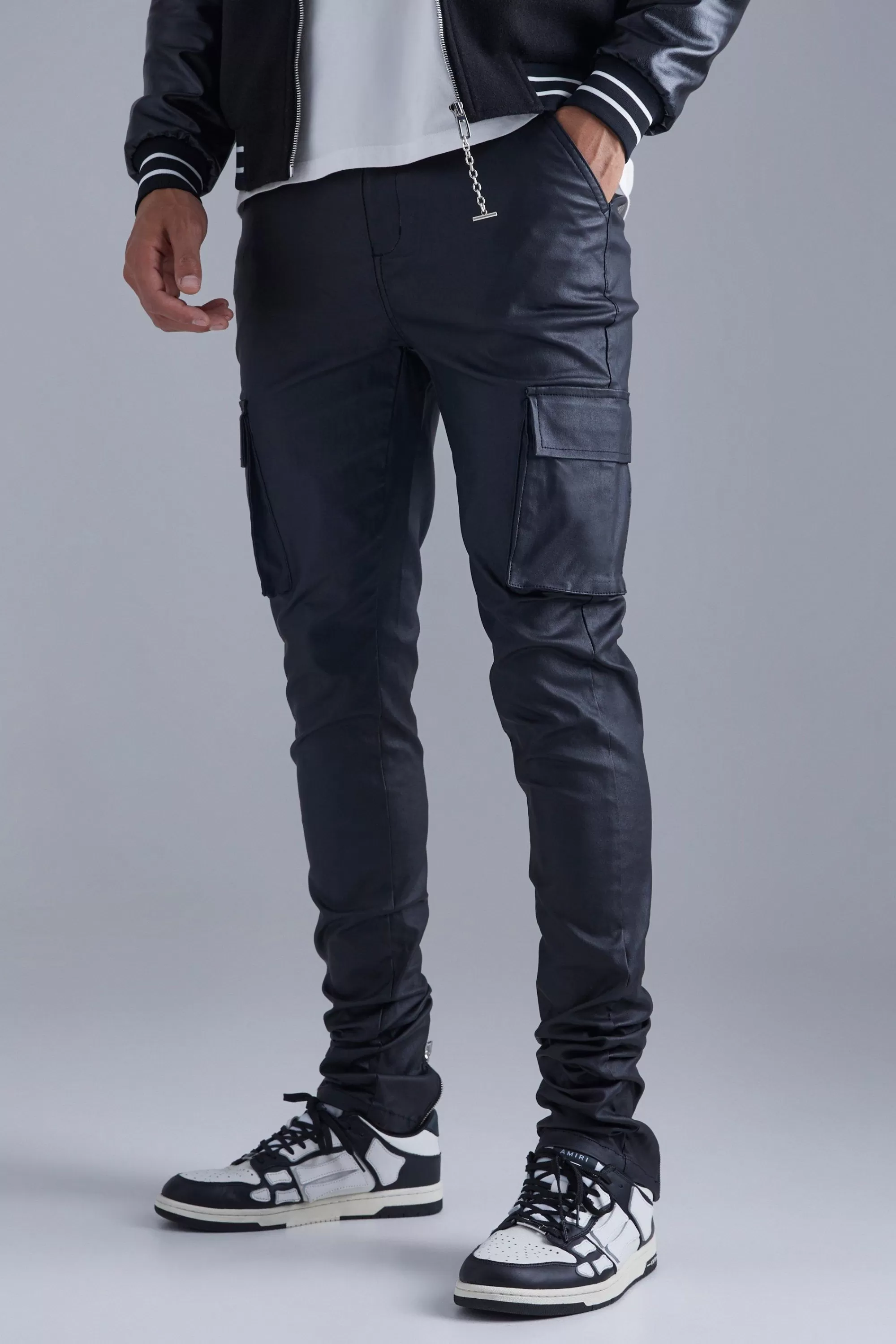 boohooMAN Tall Skinny Stacked Coated Twill Cargo Trouser | UK