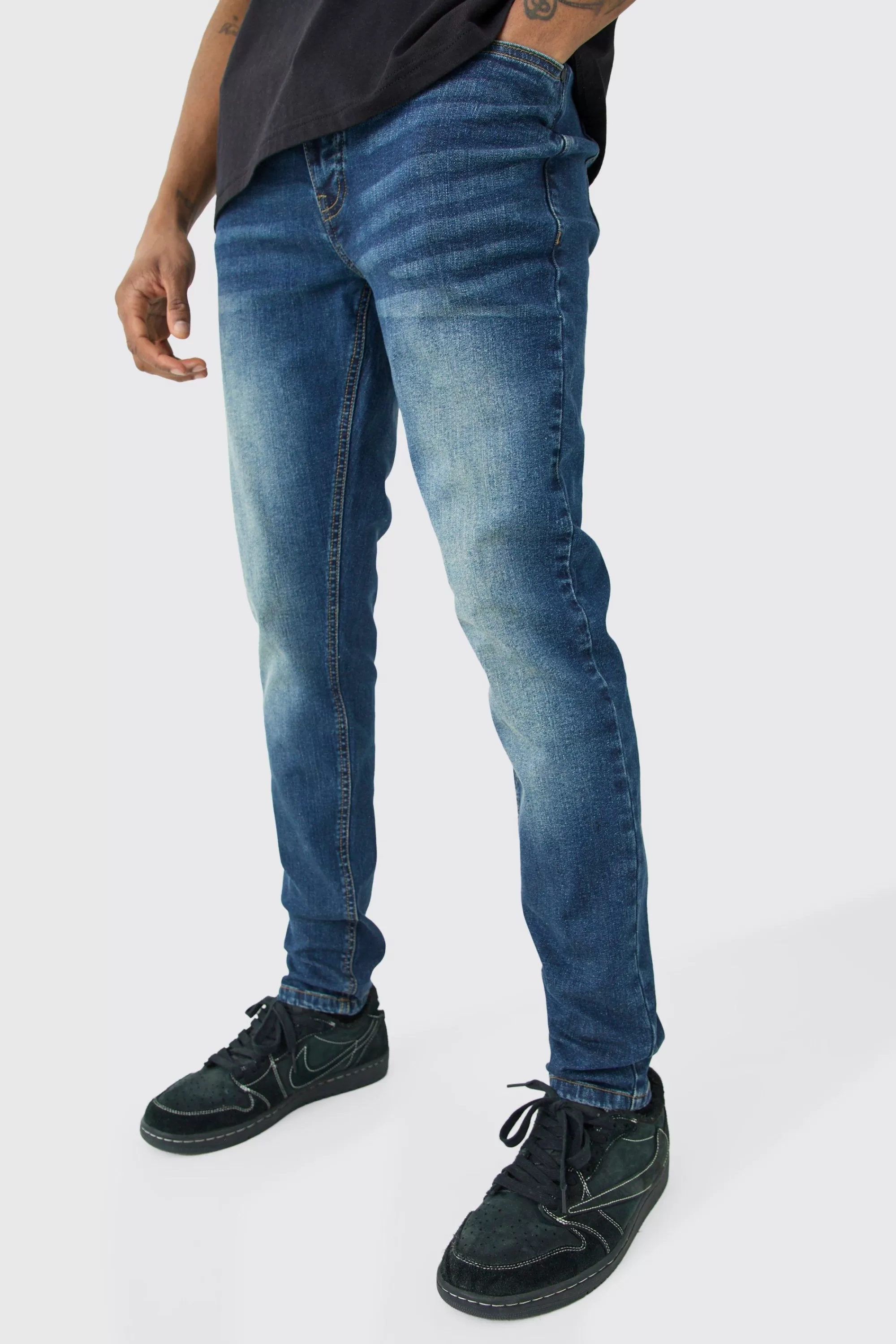 boohooMAN Tall Skinny Stretch Jean In Antique Blue | UK