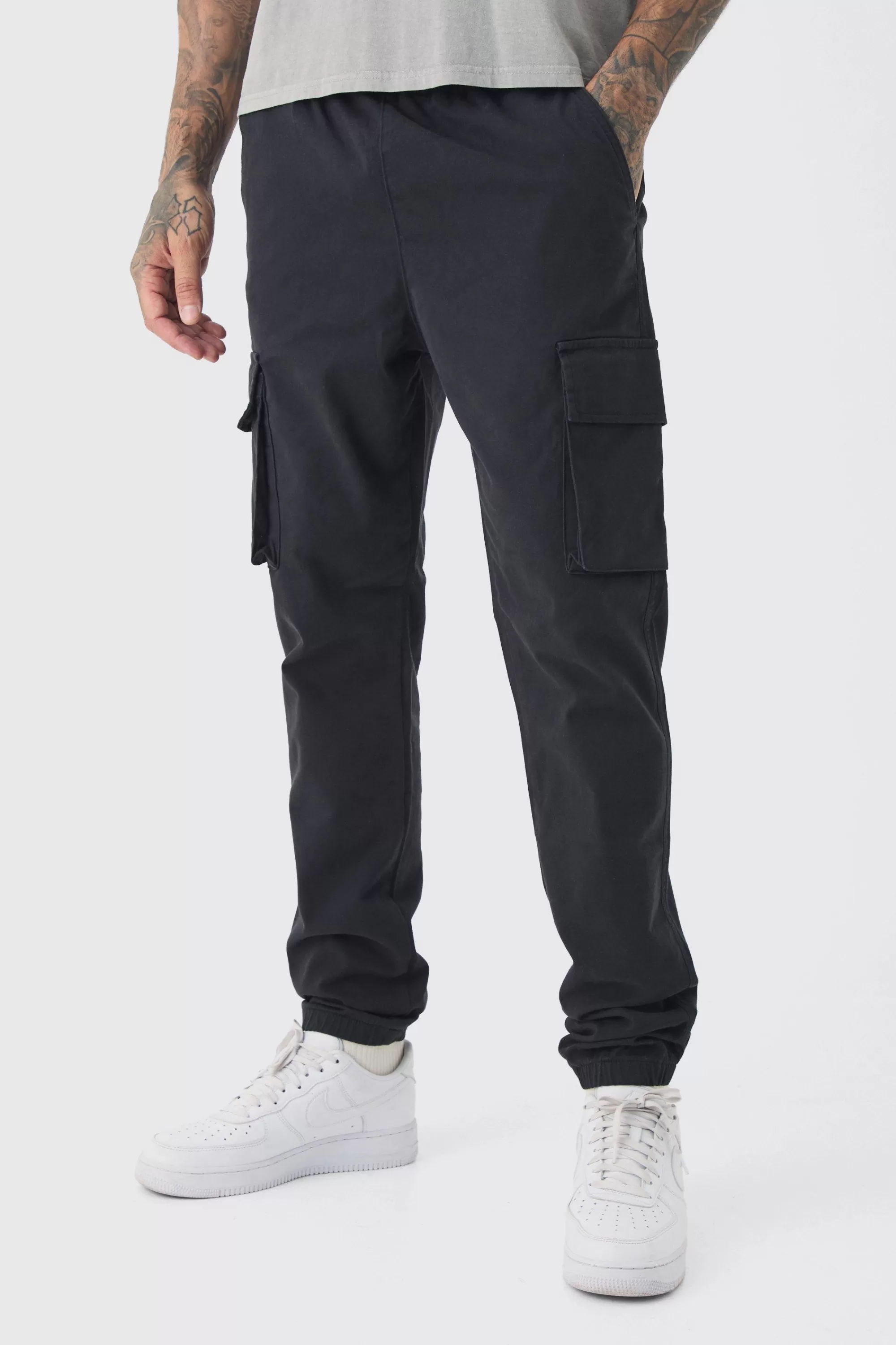 boohooMAN Tall Slim Fit Elasticated Waist Cuffed Cargo Trousers | UK