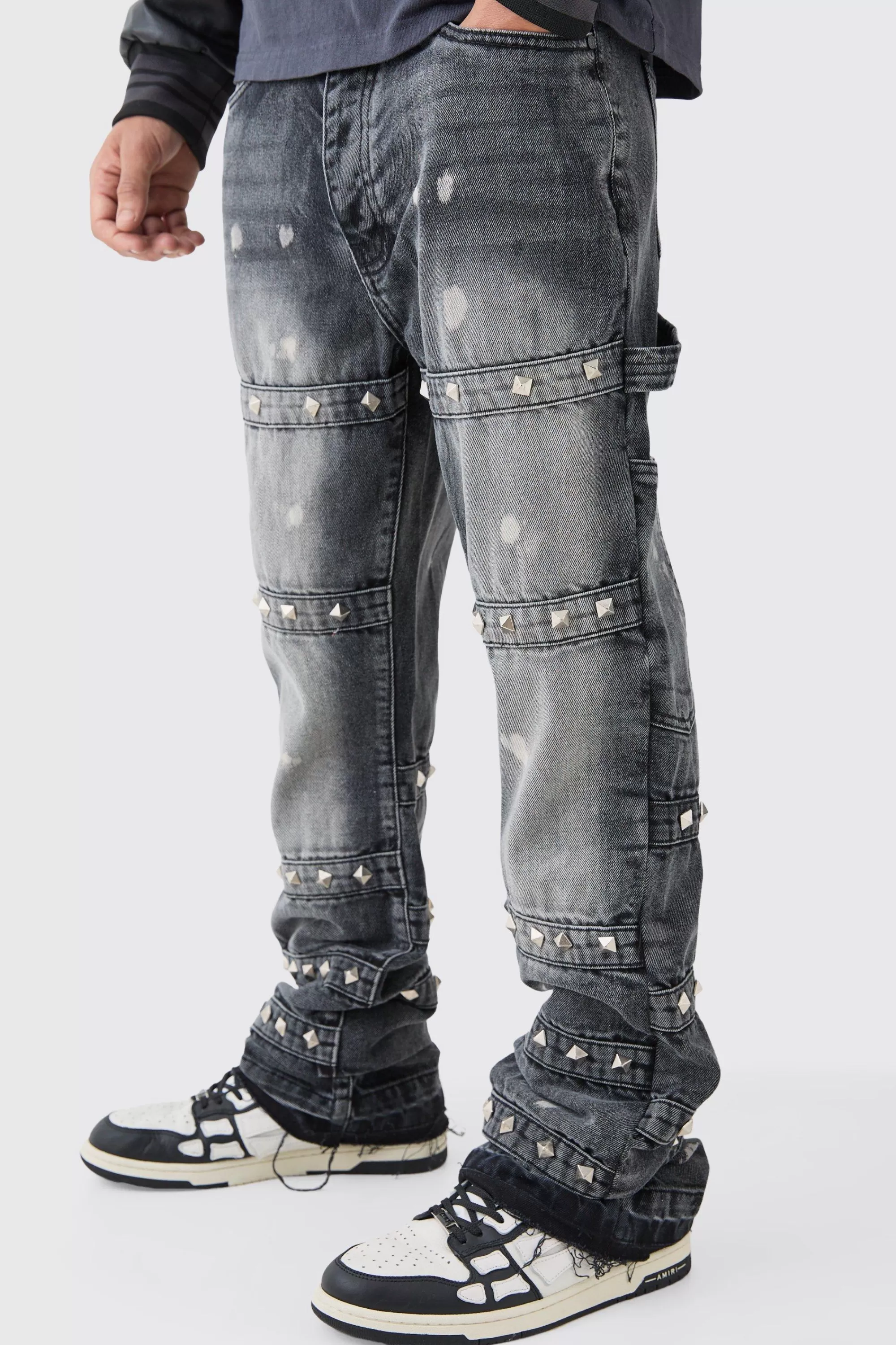 boohooMAN Tall Slim Rigid Flare Embellished Strap Detail Jeans | UK