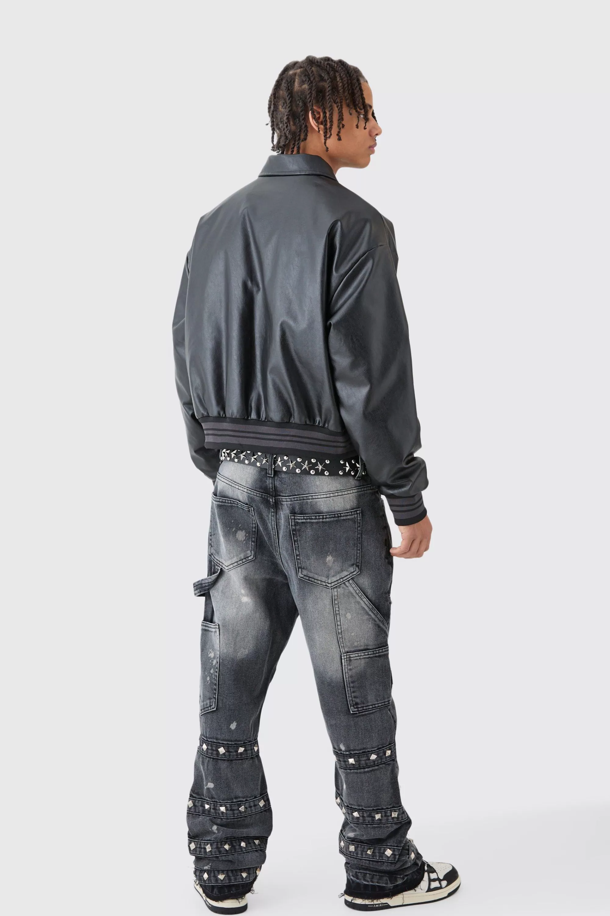 boohooMAN Tall Slim Rigid Flare Embellished Strap Detail Jeans | UK