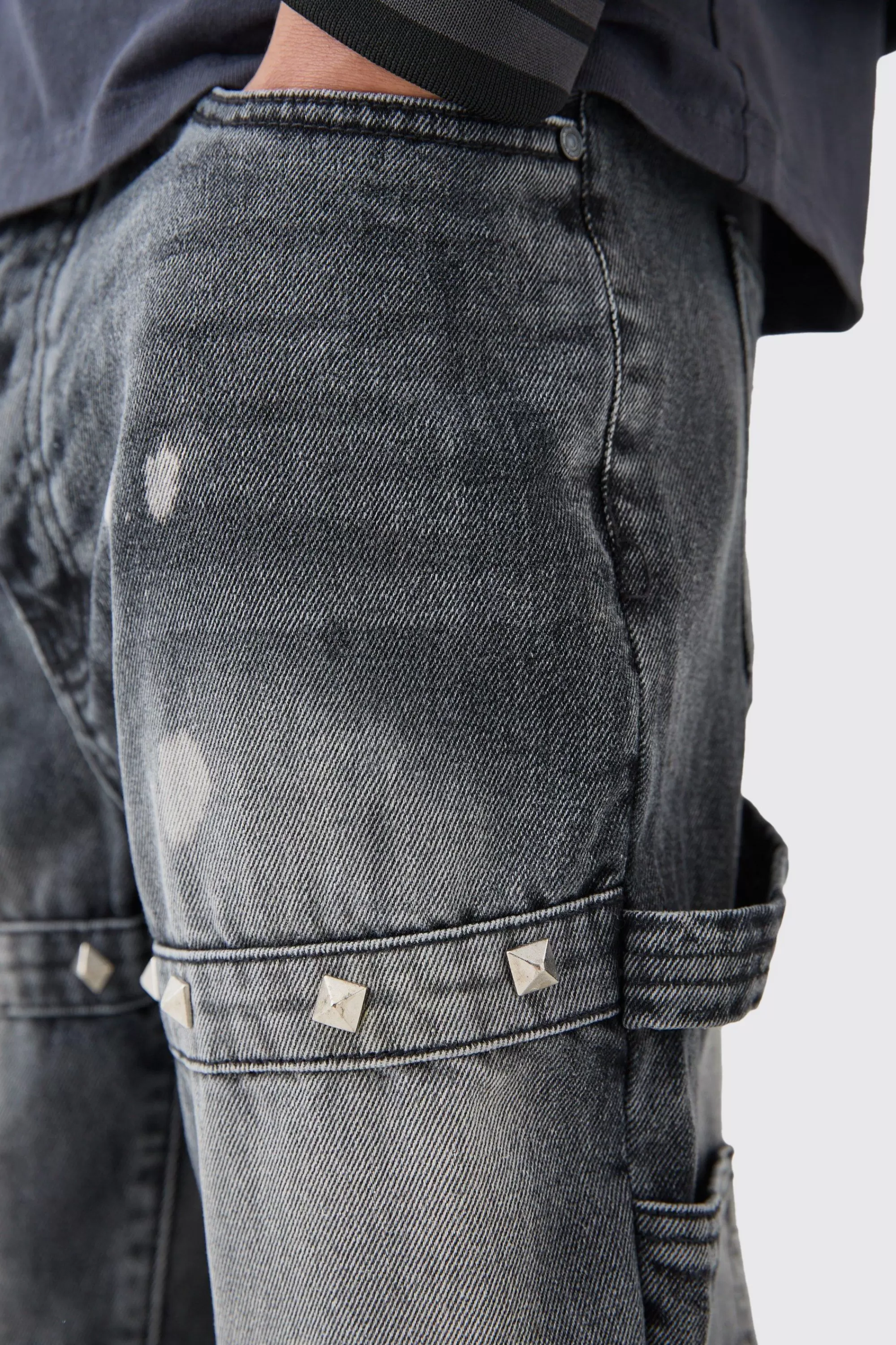 boohooMAN Tall Slim Rigid Flare Embellished Strap Detail Jeans | UK