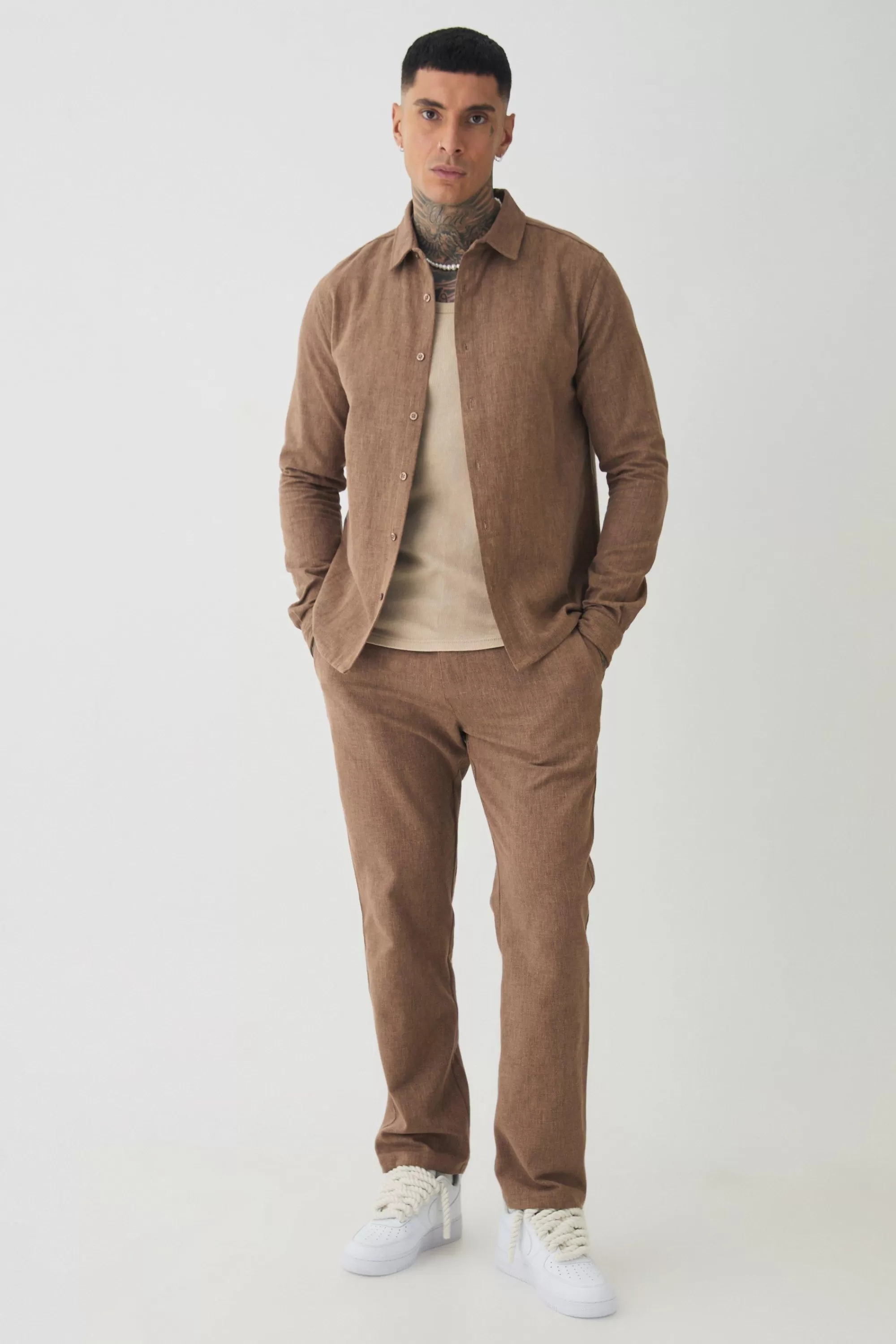 boohooMAN Tall Smart Shirt Set In | UK