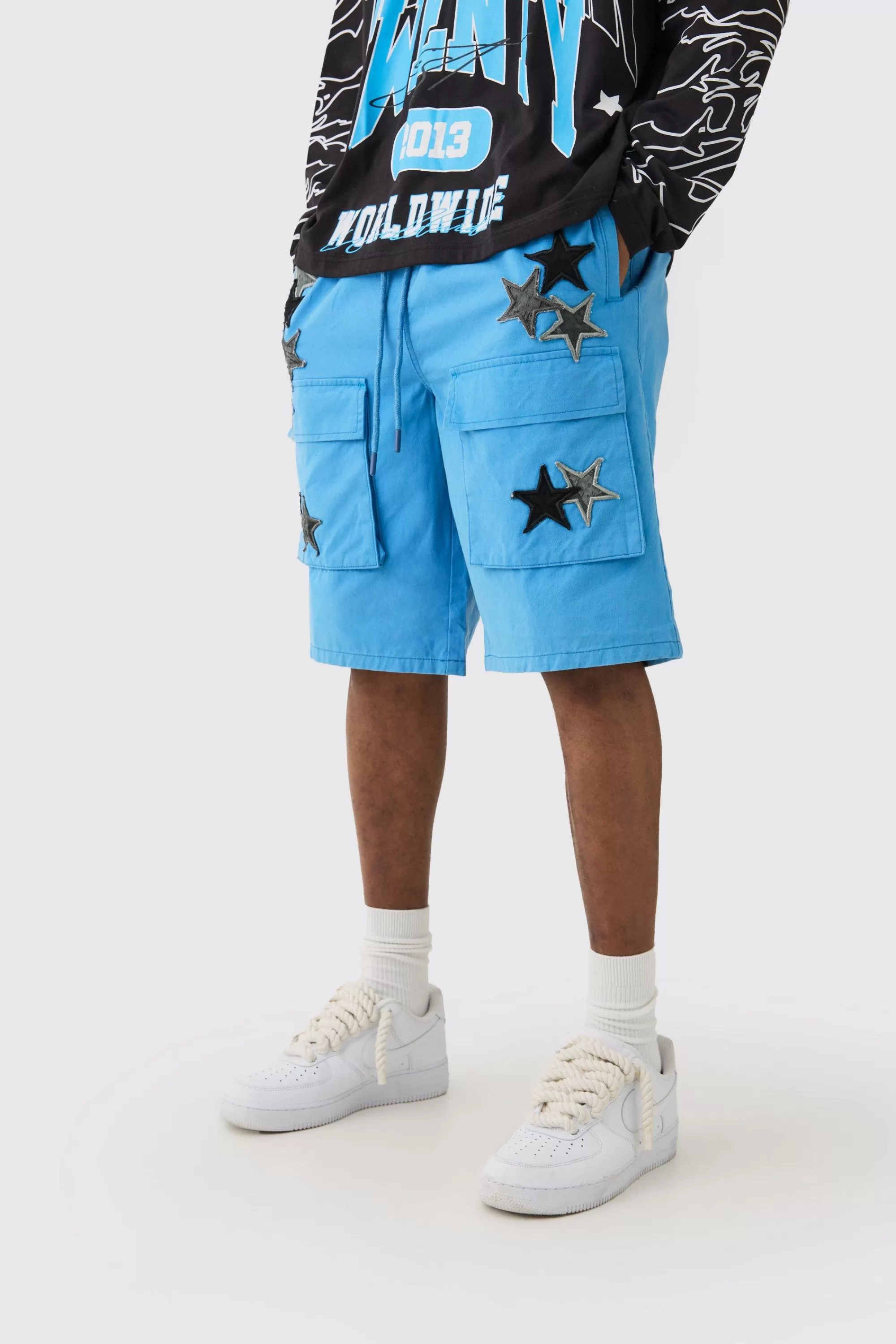 boohooMAN Tall Star Embroidered Cargo Shorts | UK