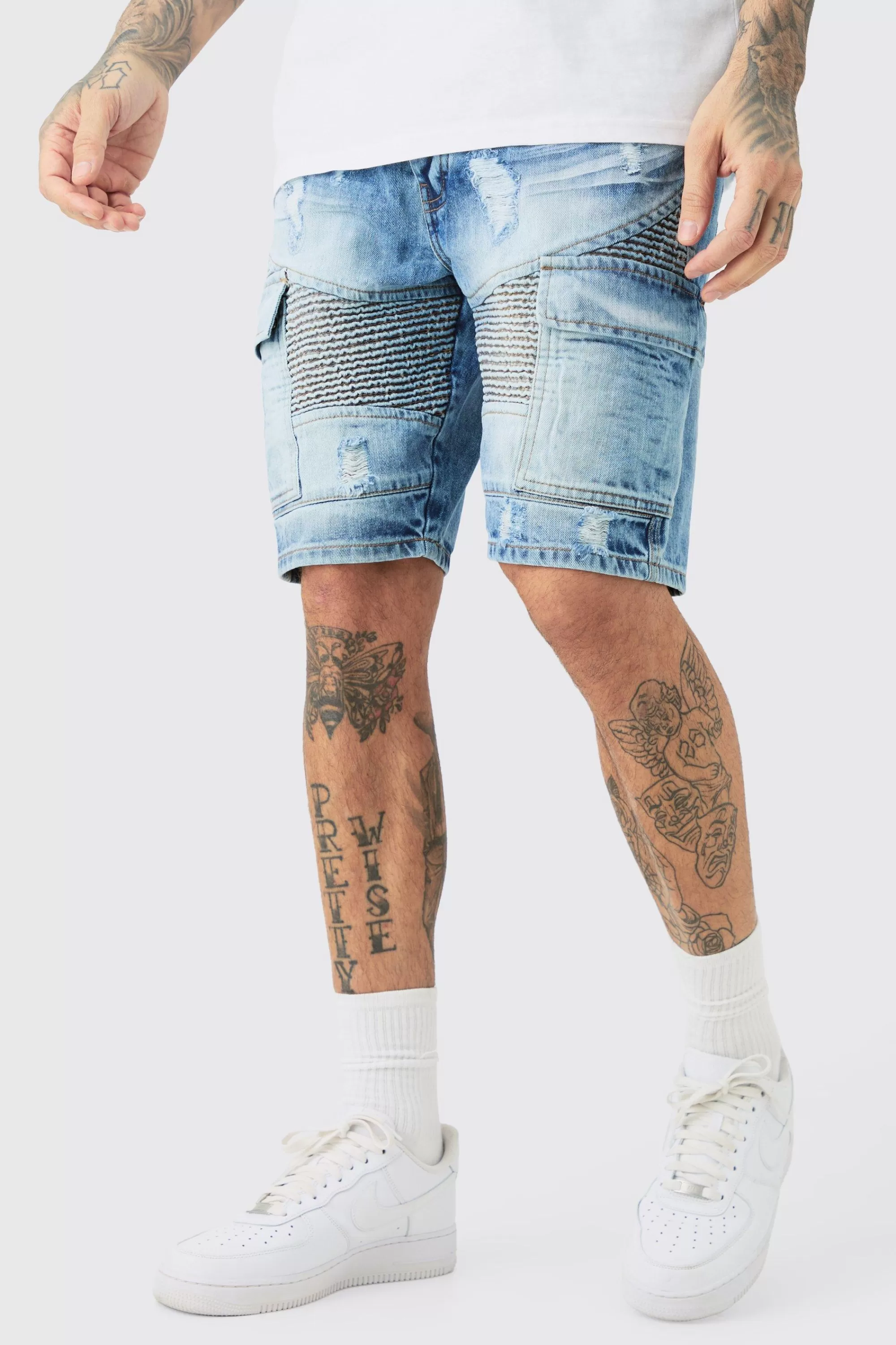 boohooMAN Tall Straight Fit Biker Denim Shorts | UK