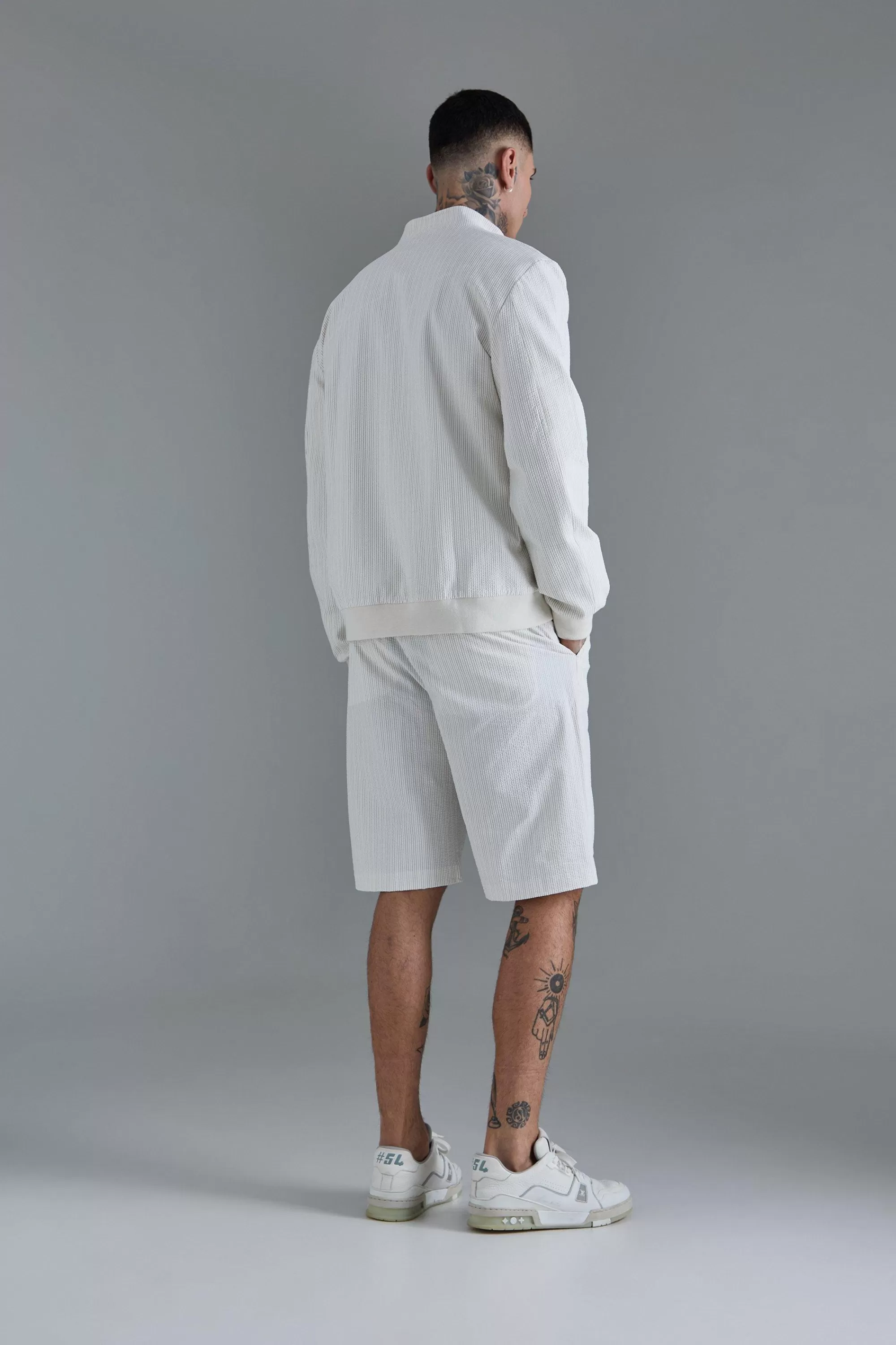 boohooMAN Tall Stripe Seersucker Smart Jacket And Short Set | UK