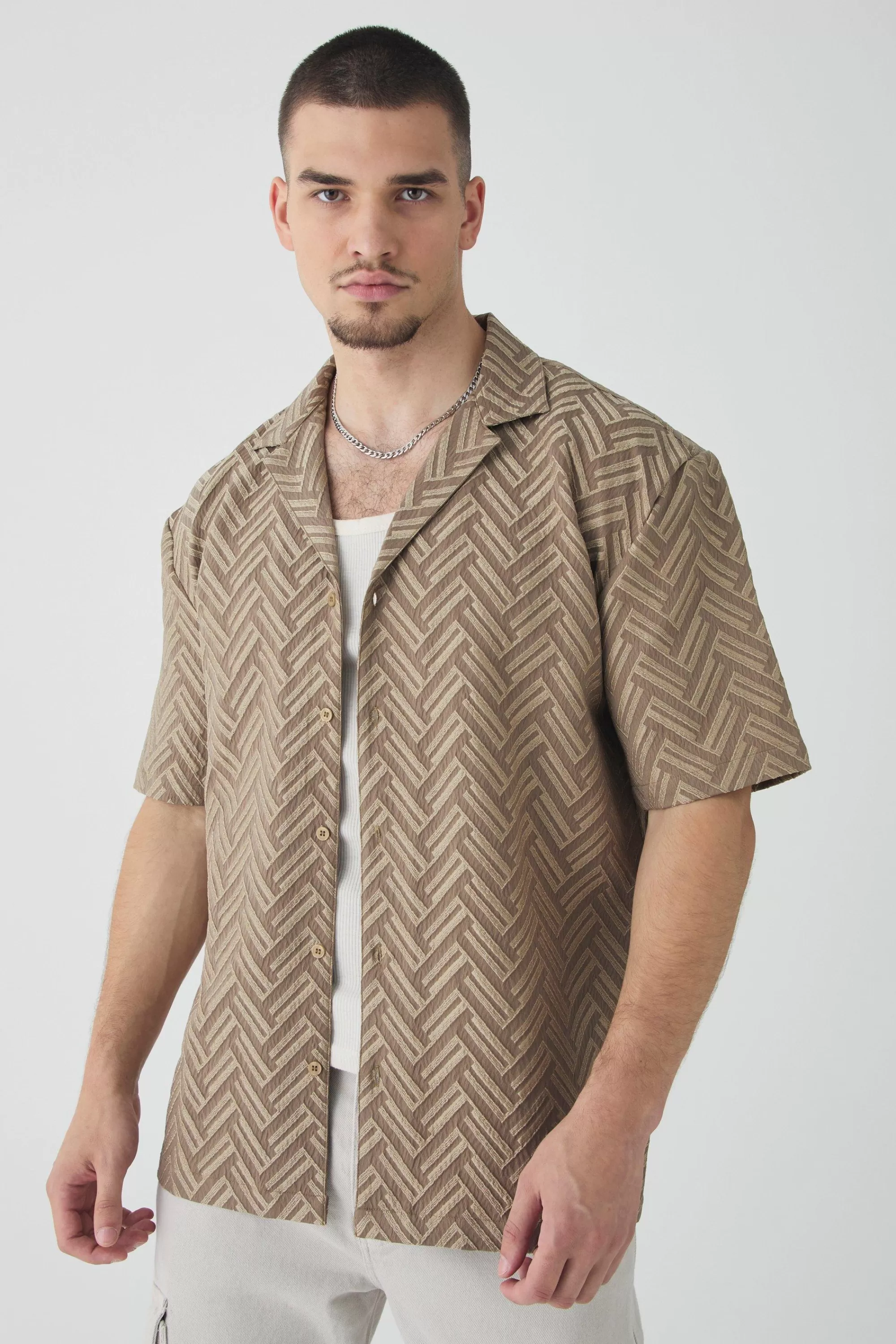 boohooMAN Tall Tonal Geo Revere Shirt | UK