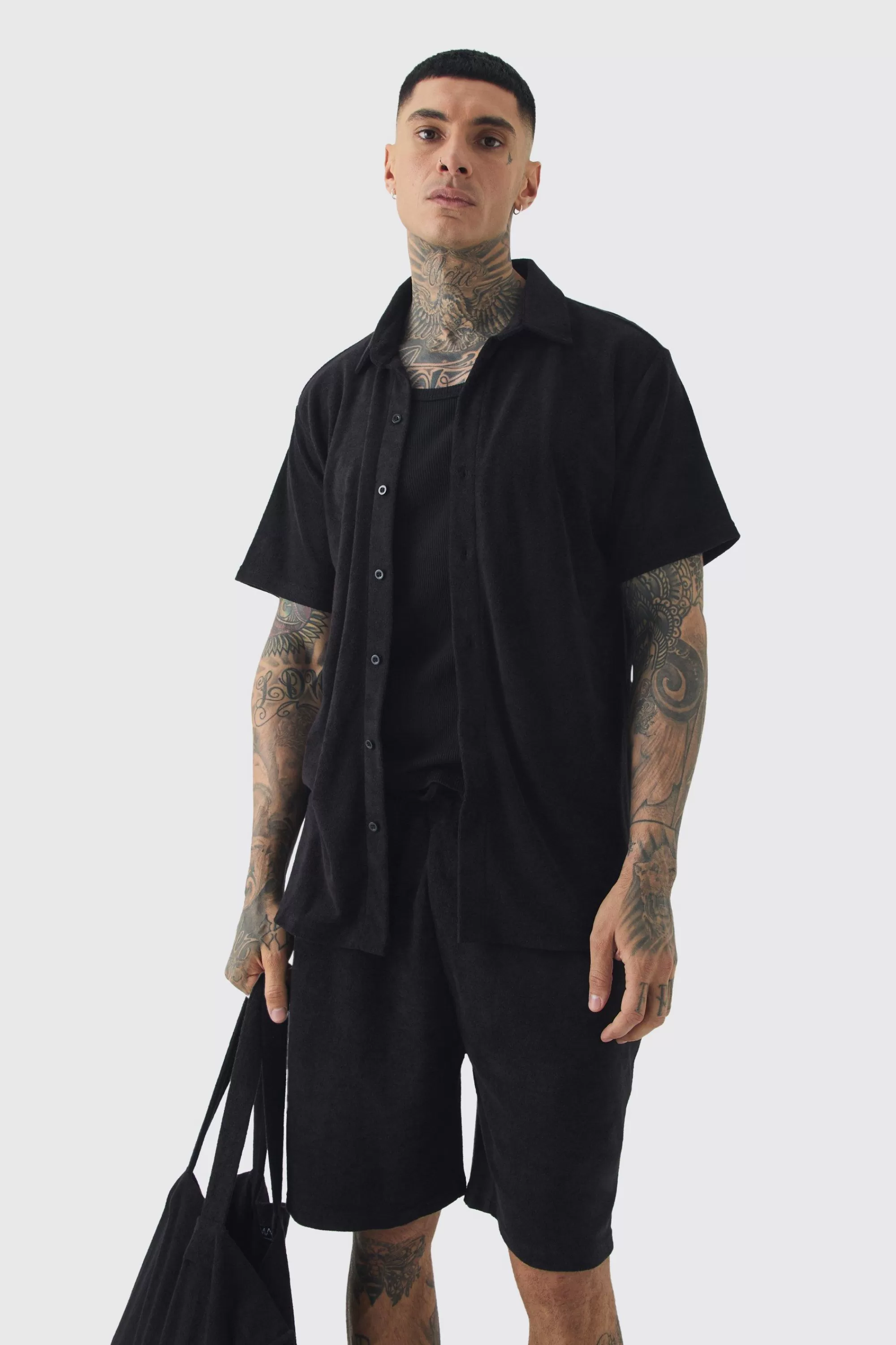 boohooMAN Tall Towelling Overshirt Shirt Short & Tote Set | UK