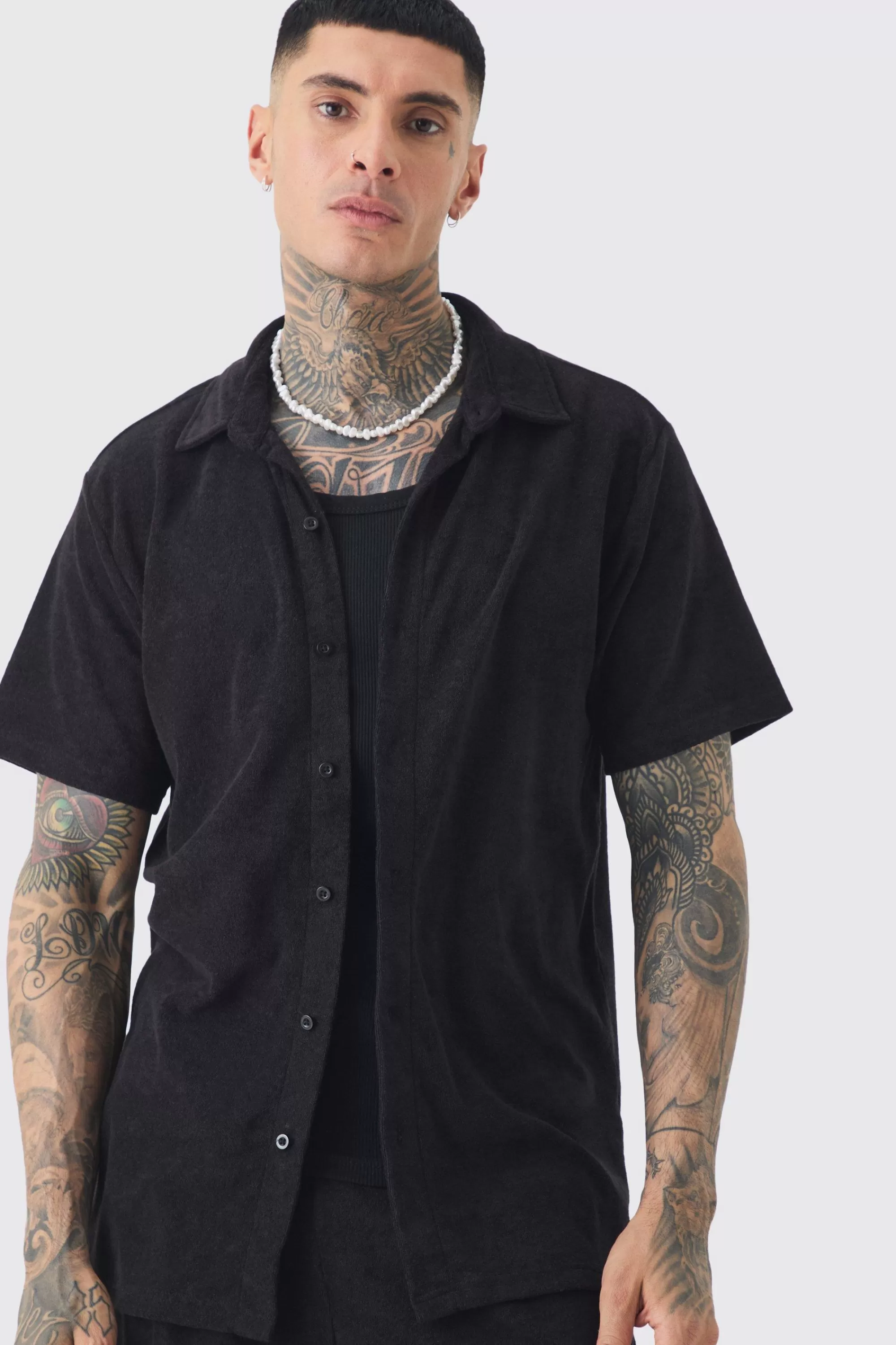 boohooMAN Tall Towelling Shirt & Short Set In | UK