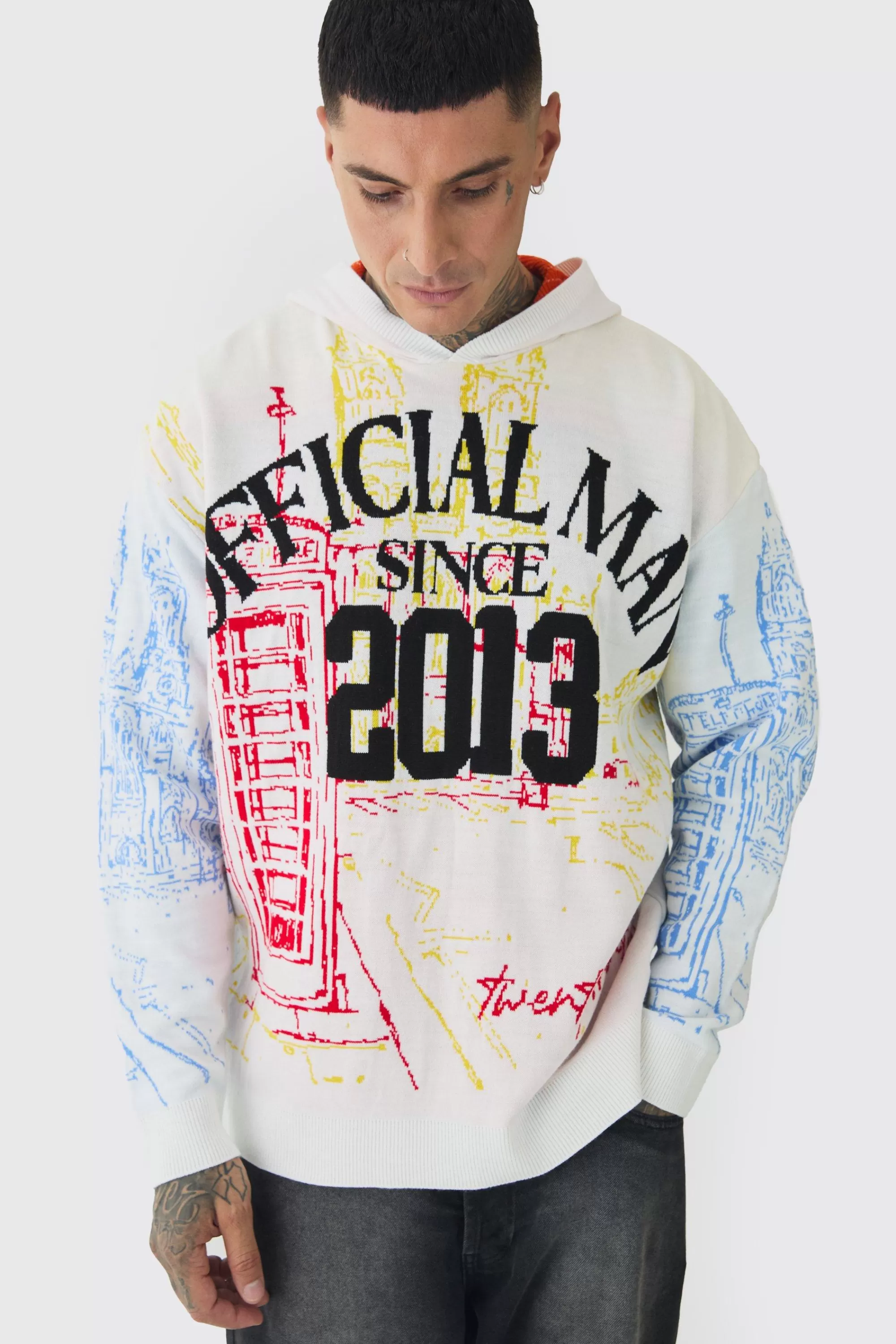 boohooMAN Tall Twenty Thirteen Graphic Knitted Hoodie | UK