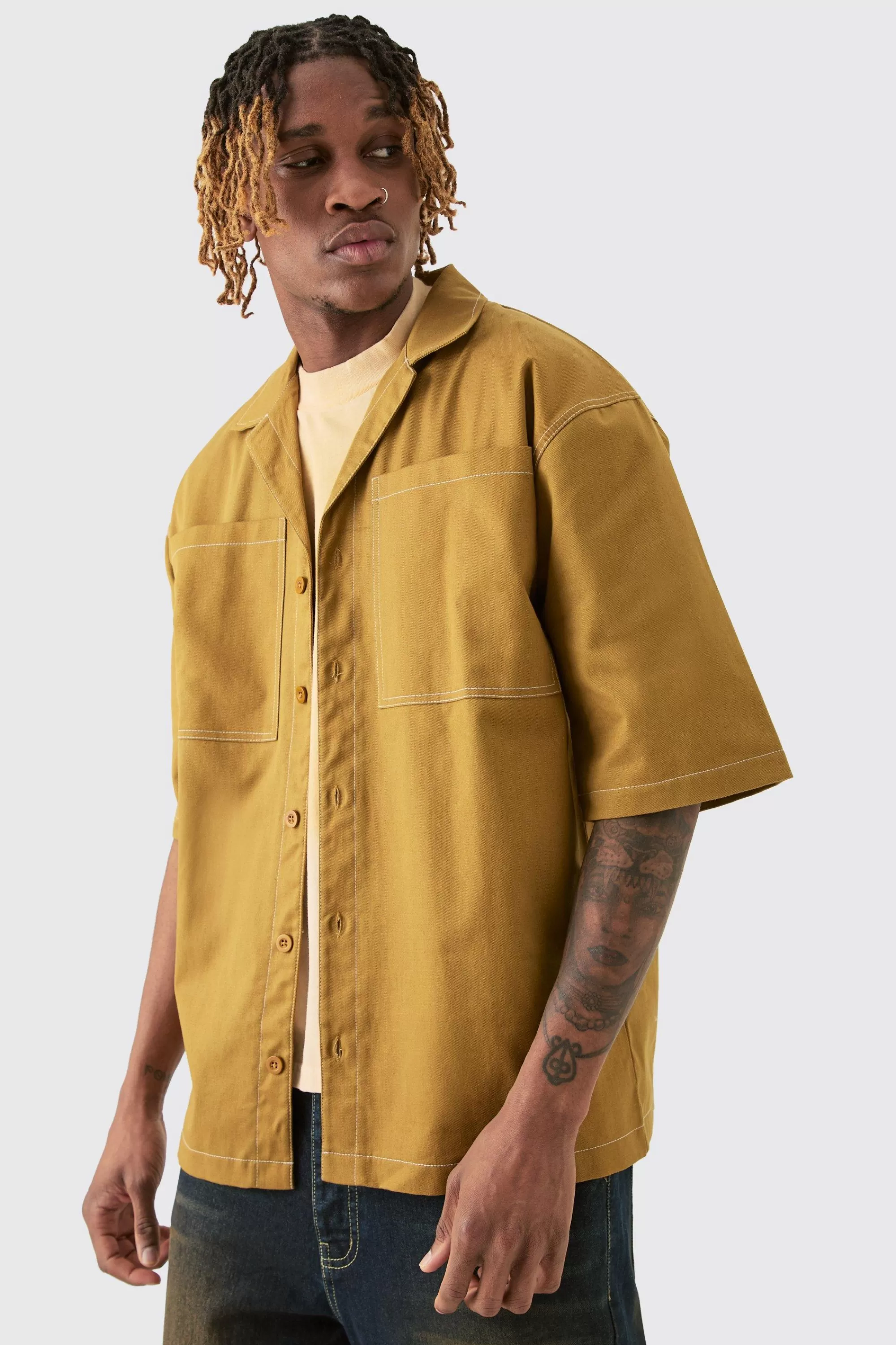 boohooMAN Tall Twill Drop Revere Contrast Stitch Shirt | UK