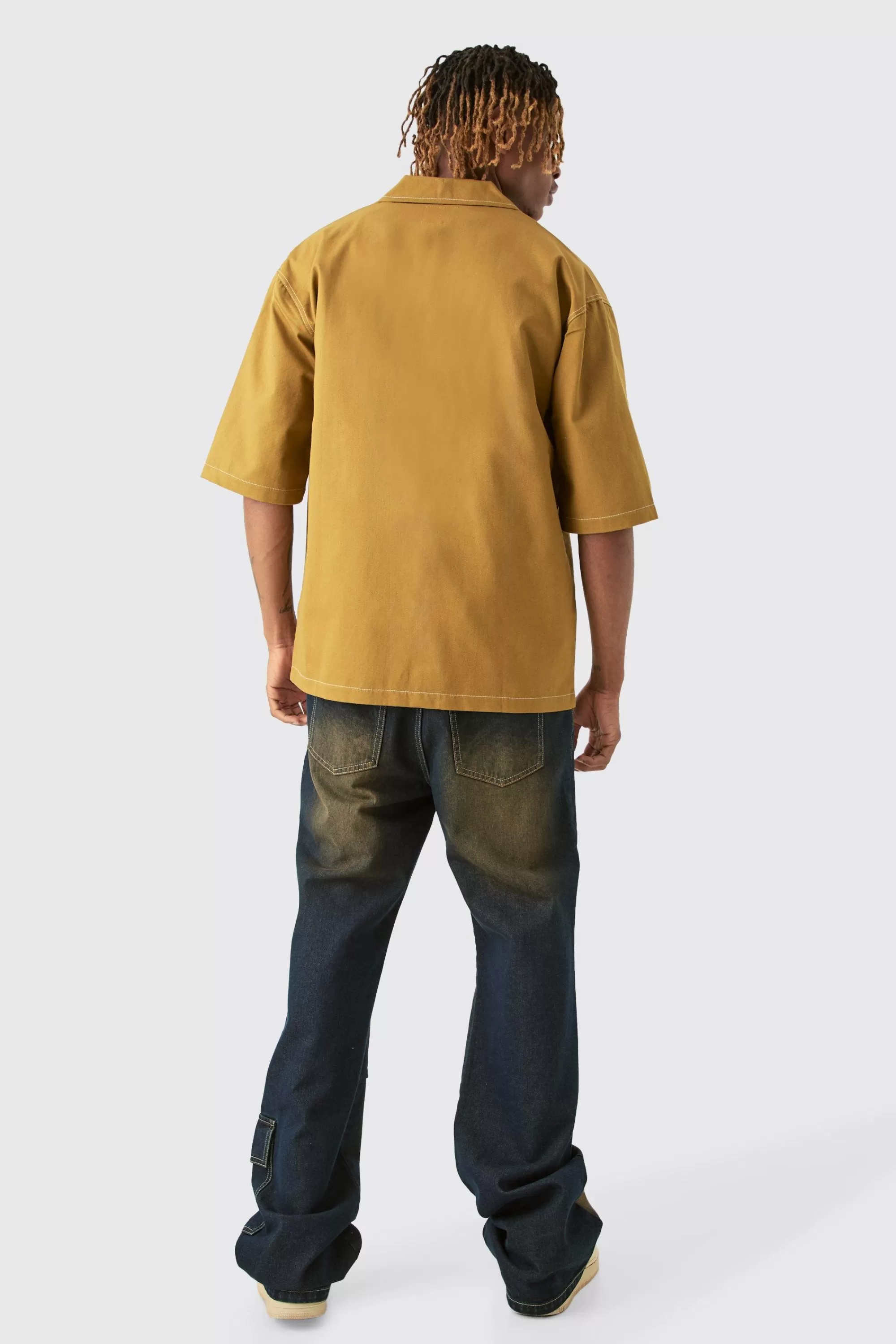 boohooMAN Tall Twill Drop Revere Contrast Stitch Shirt | UK