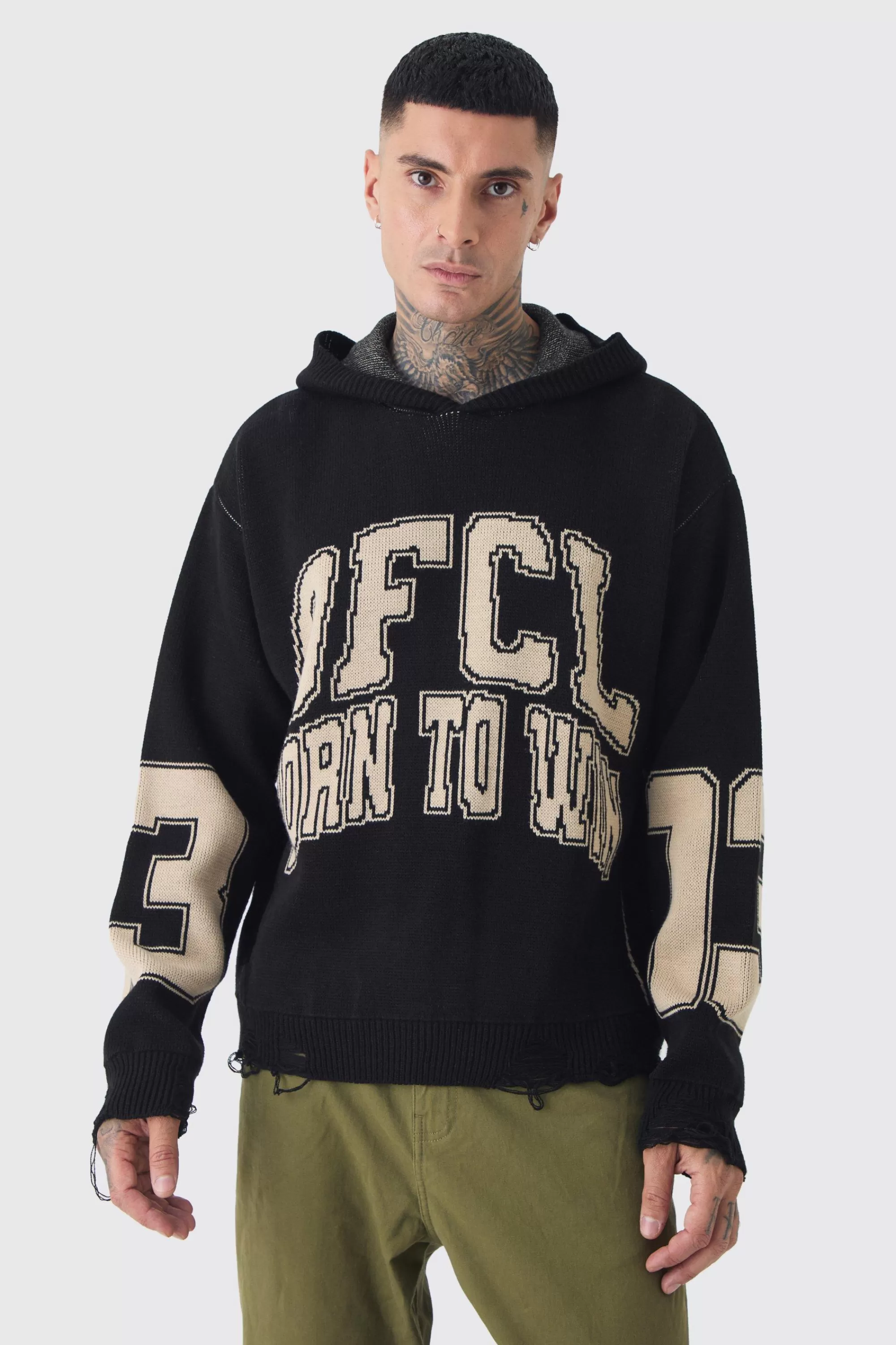 boohooMAN Tall Varsity Distressed Knitted Hoodie | UK
