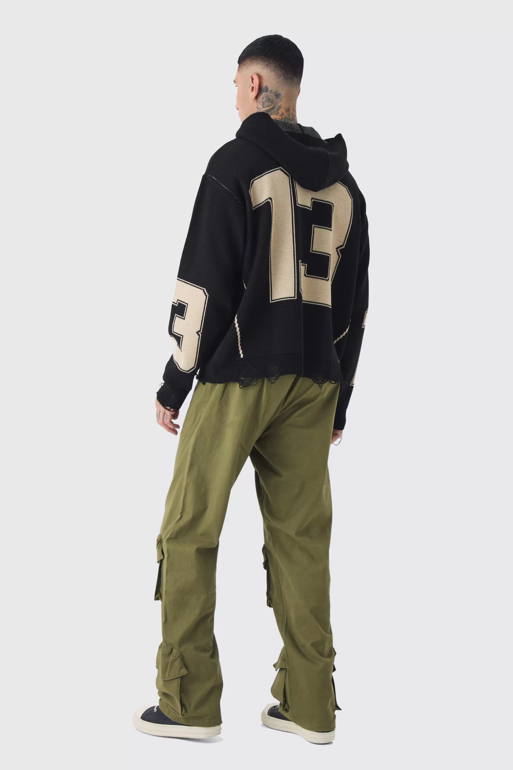 boohooMAN Tall Varsity Distressed Knitted Hoodie | UK