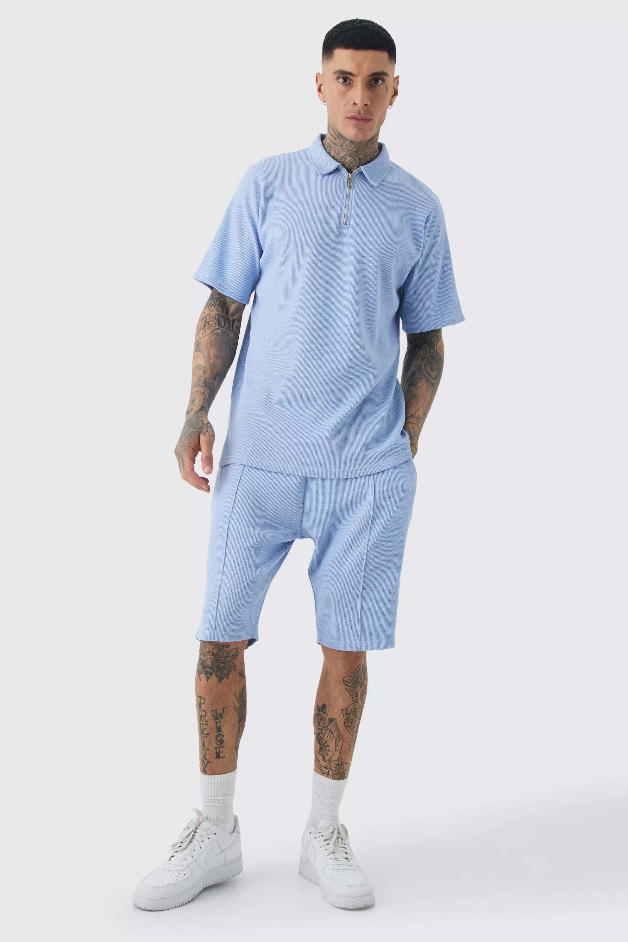 boohooMAN Tall Waffle Polo & Short Set | UK