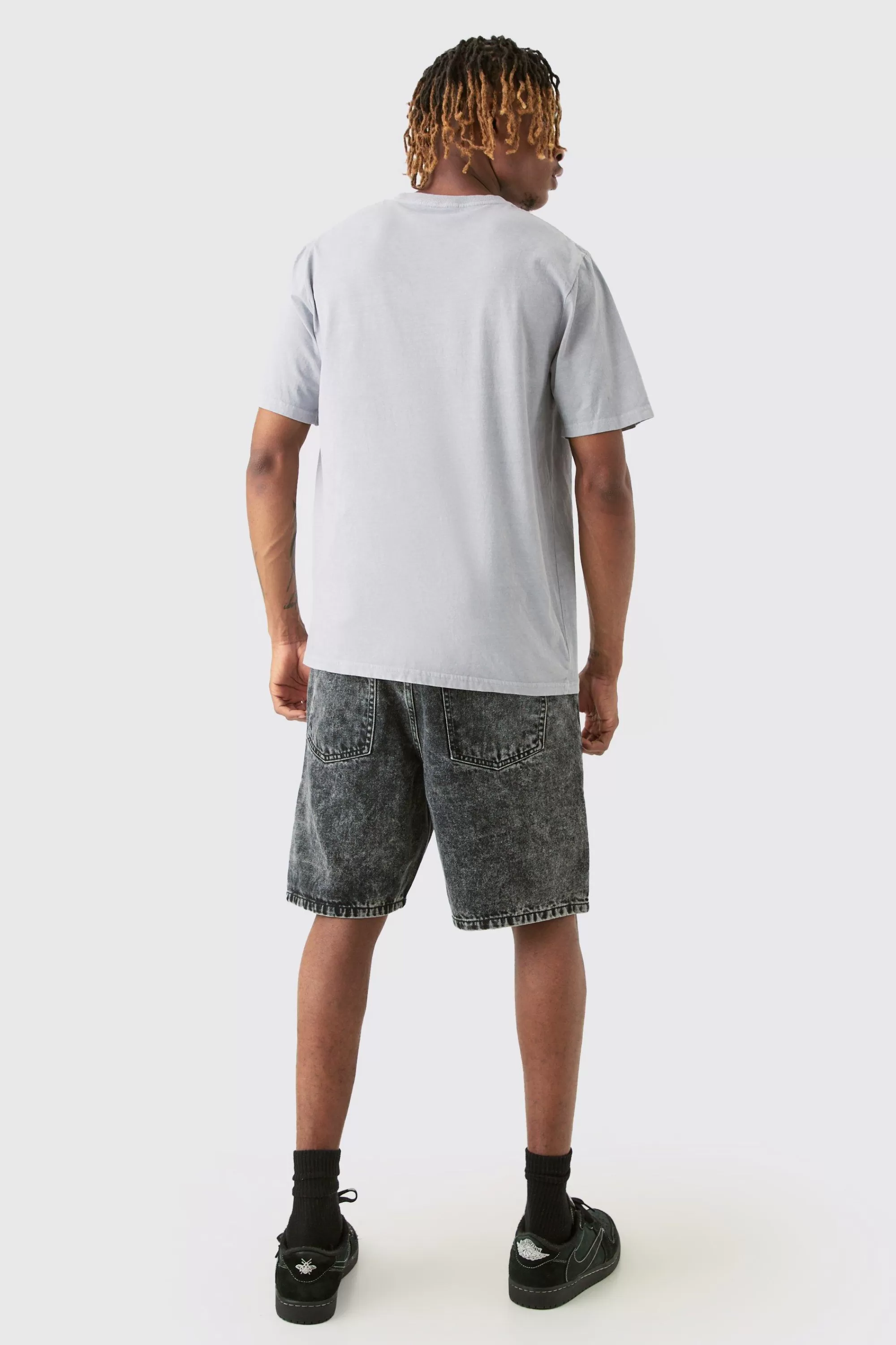 boohooMAN Tall Paint Splatter Relaxed Denim Shorts | UK