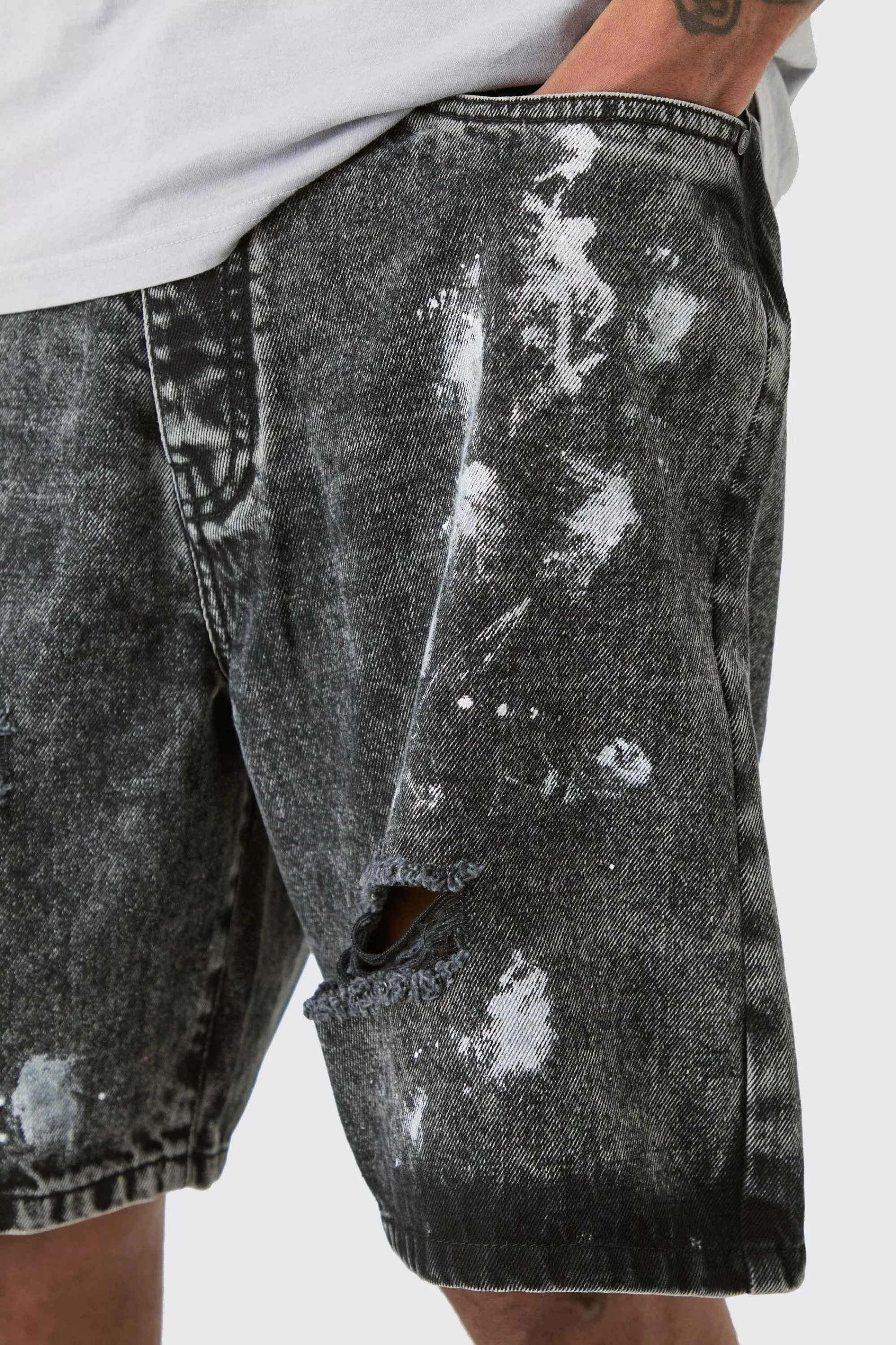 boohooMAN Tall Paint Splatter Relaxed Denim Shorts | UK
