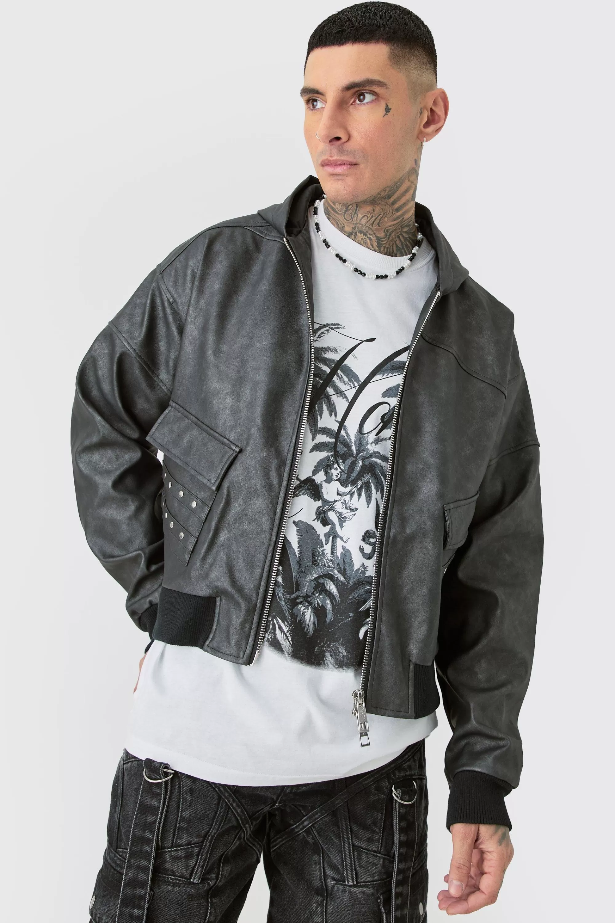boohooMAN Tall Washed Pu Hooded Bomber | UK