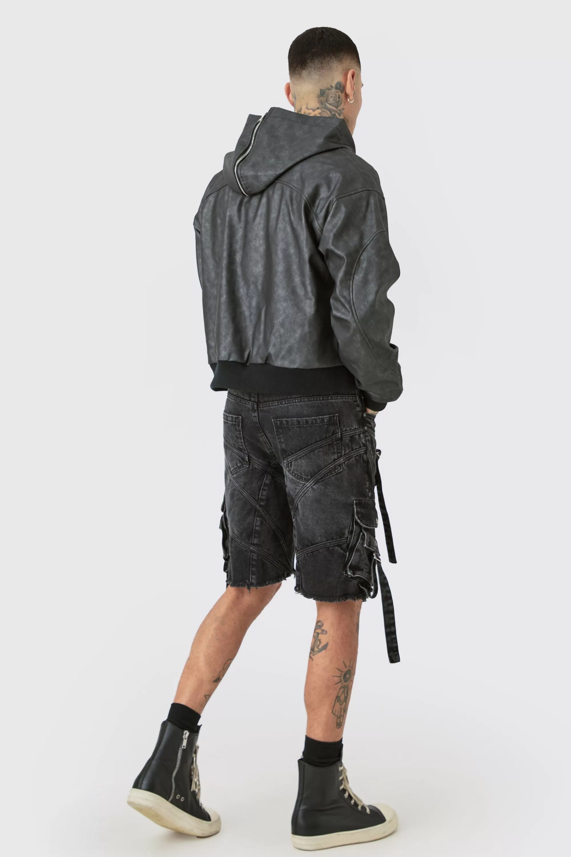boohooMAN Tall Washed Pu Hooded Bomber | UK
