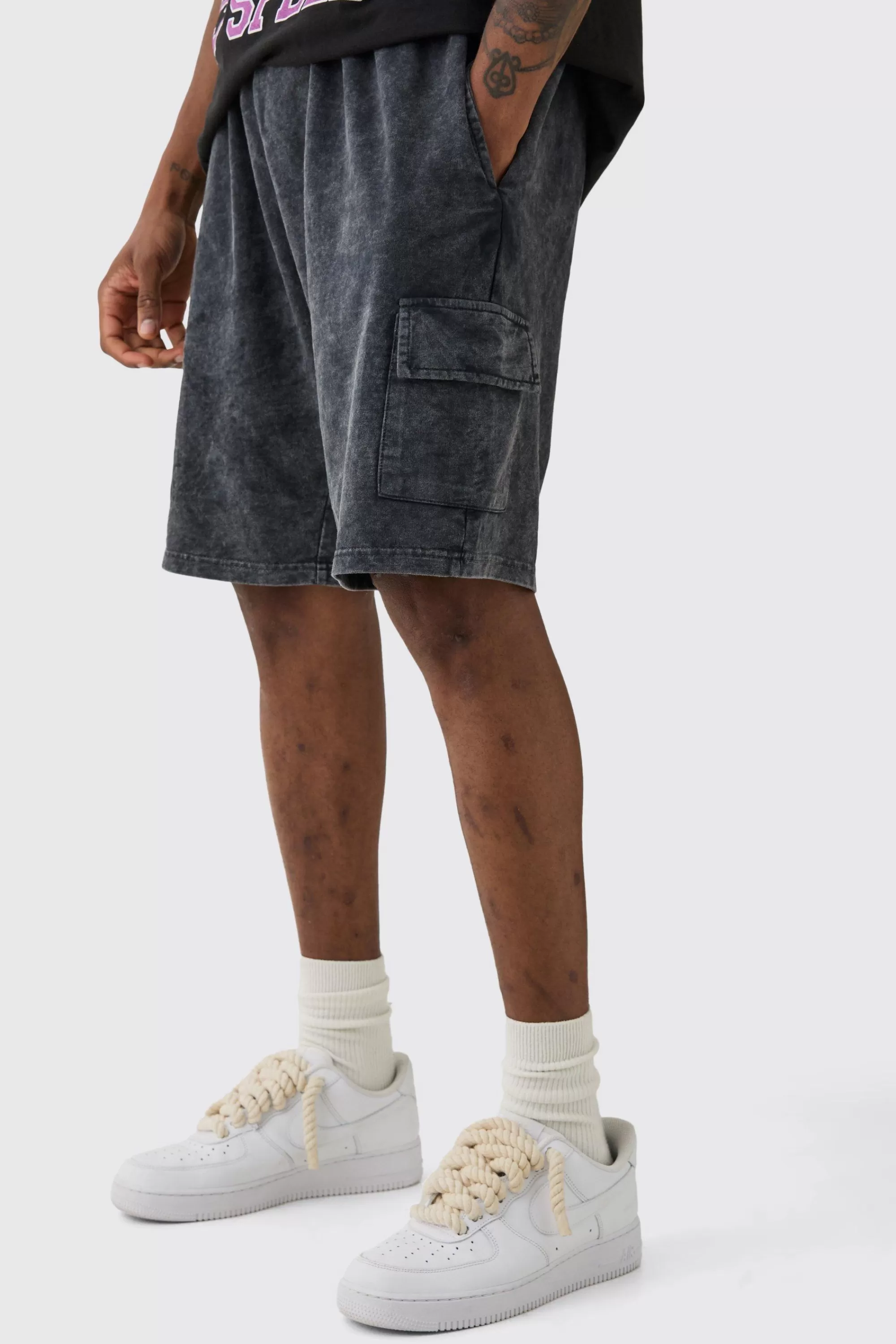 boohooMAN Tall Washed Relaxed Jersey Cargo Shorts | UK