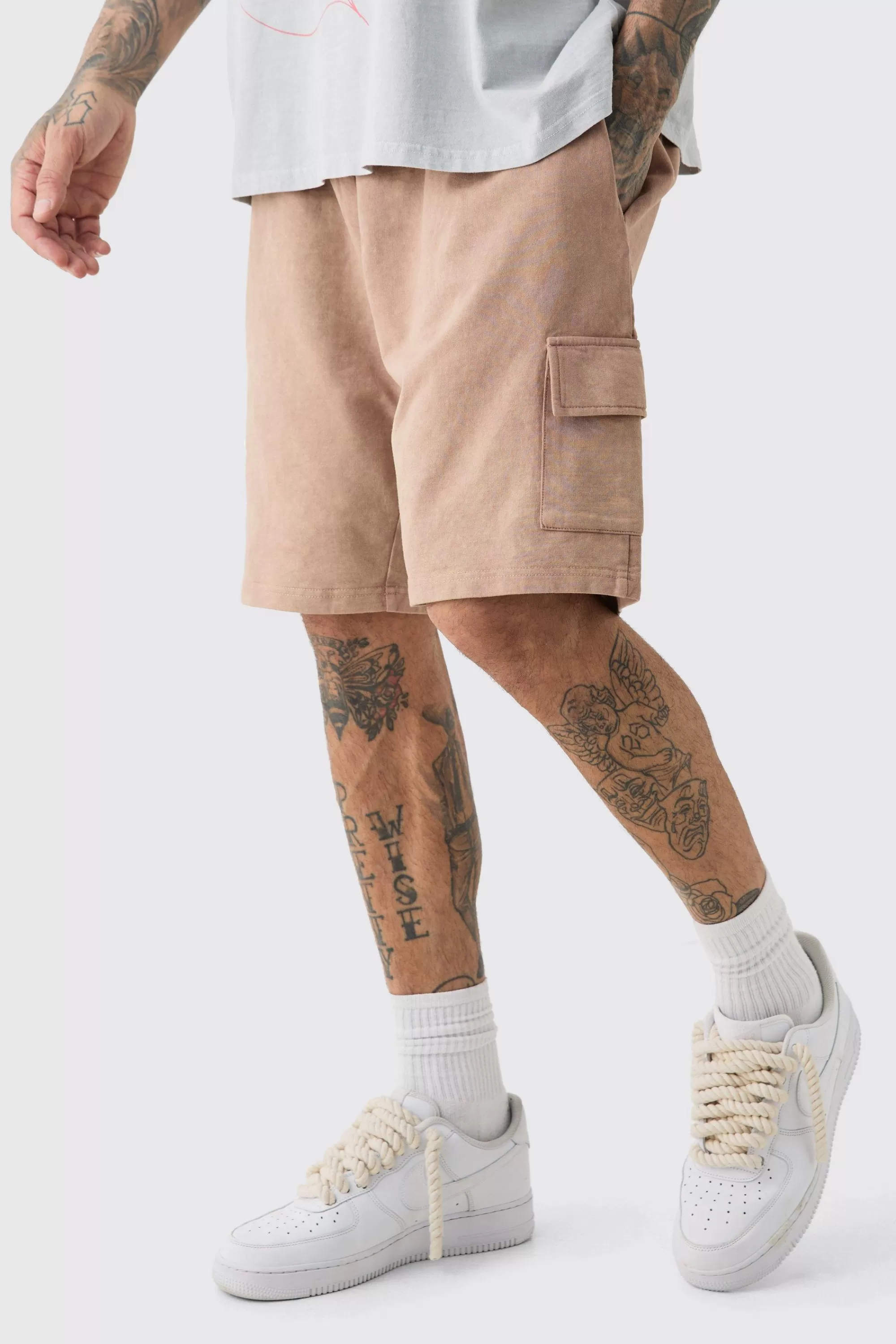 boohooMAN Tall Washed Relaxed Jersey Cargo Shorts | UK
