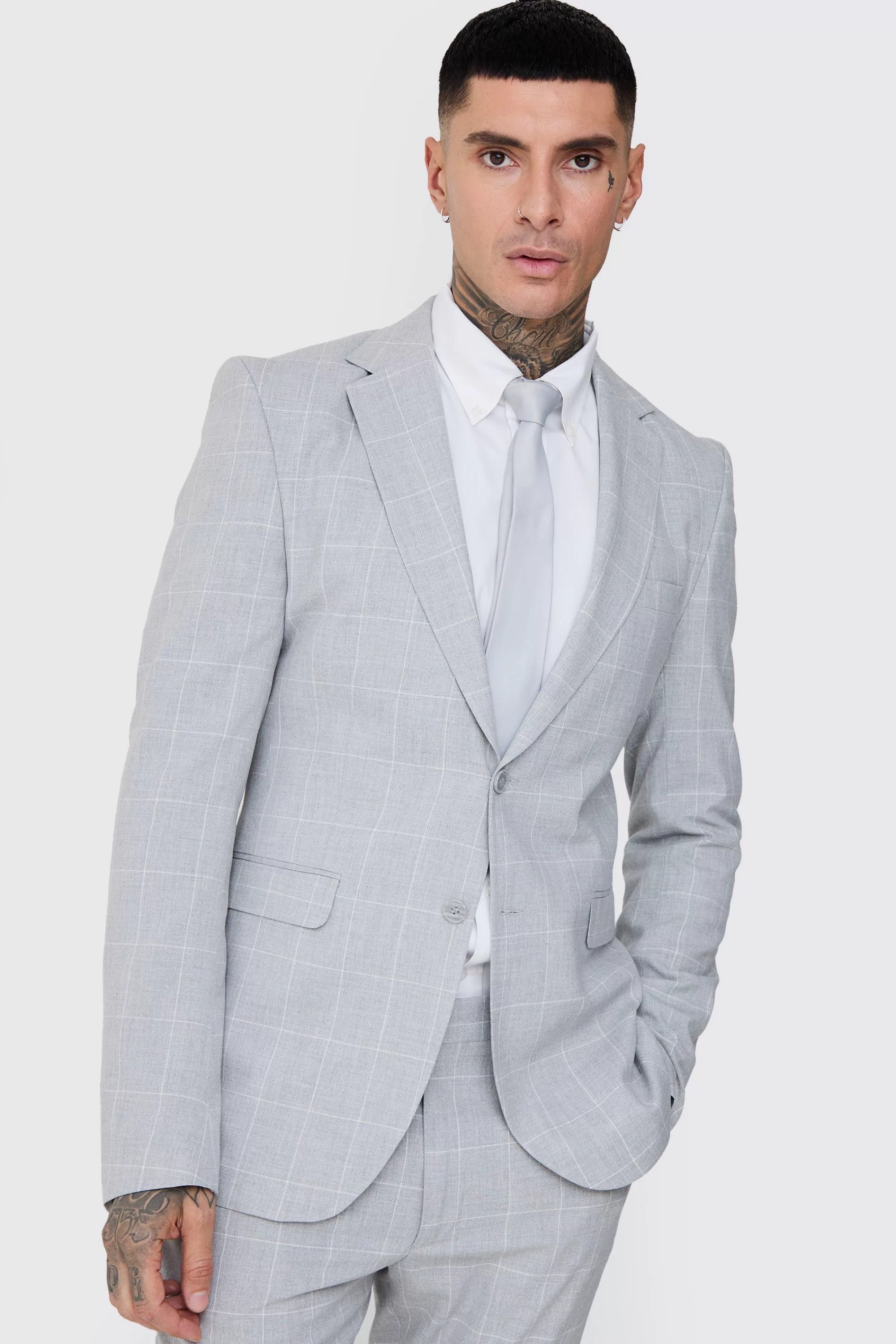 boohooMAN Tall Window Pane Check Skinny Fit Blazer | UK