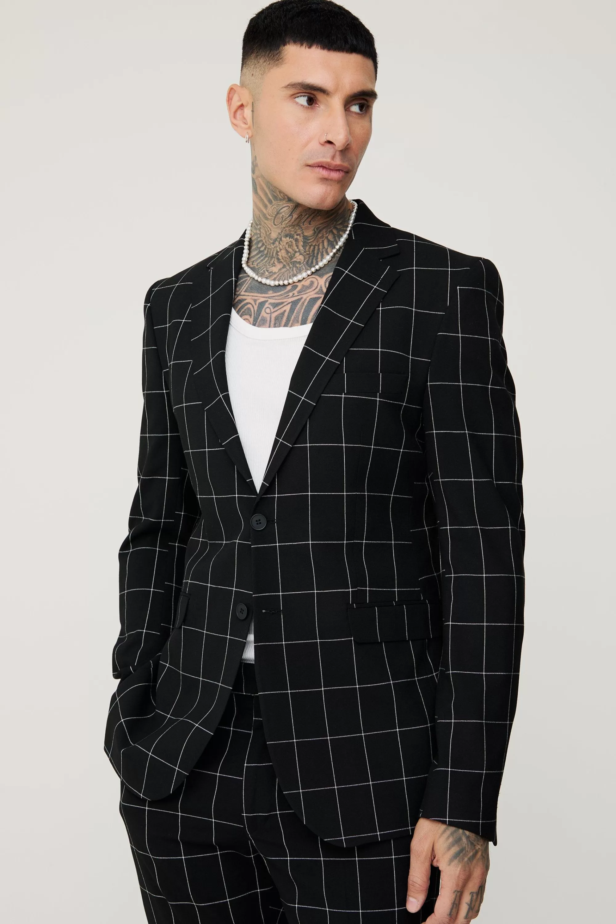 boohooMAN Tall Window Pane Check Skinny Fit Blazer | UK