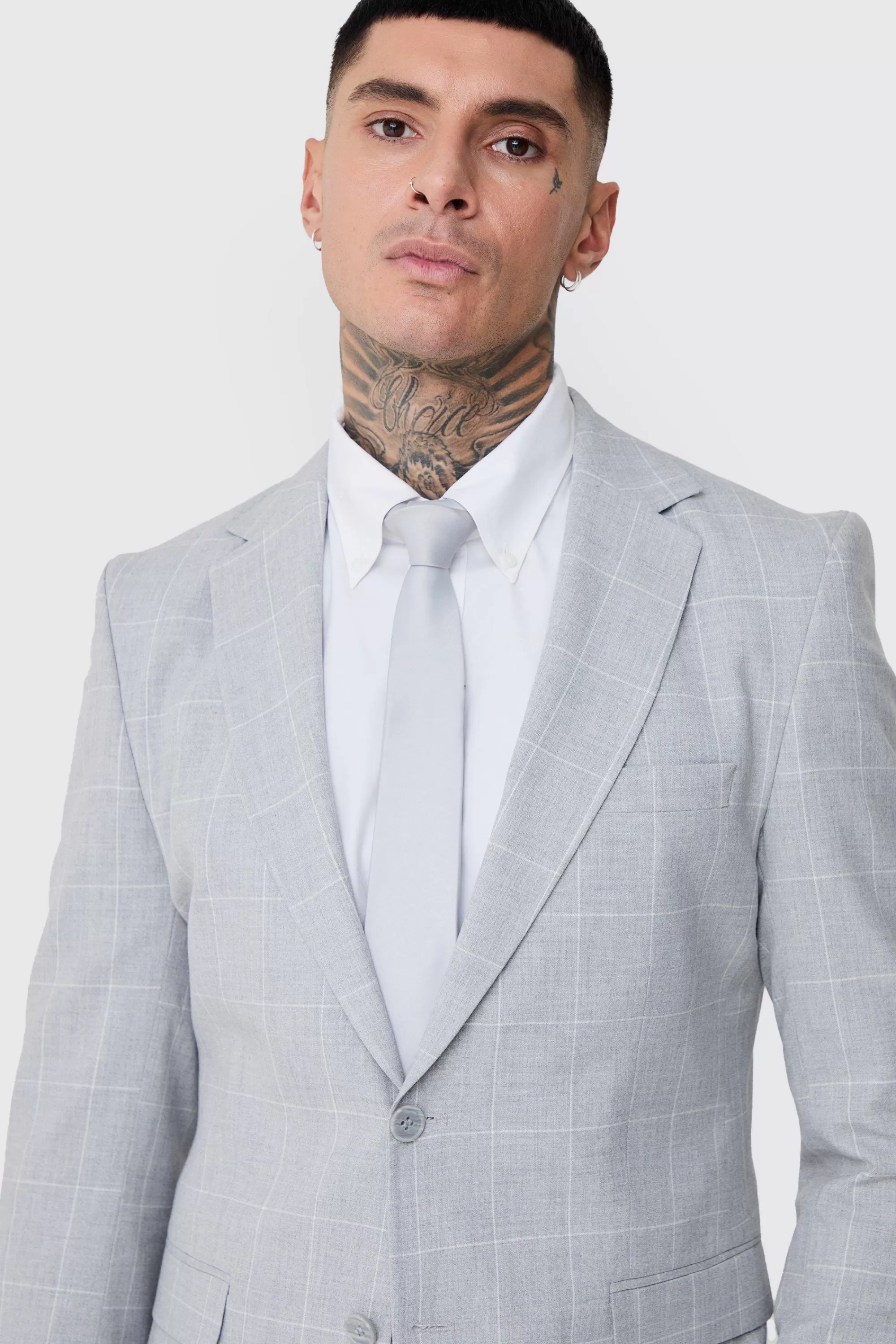 boohooMAN Tall Window Pane Check Skinny Fit Suit In | UK
