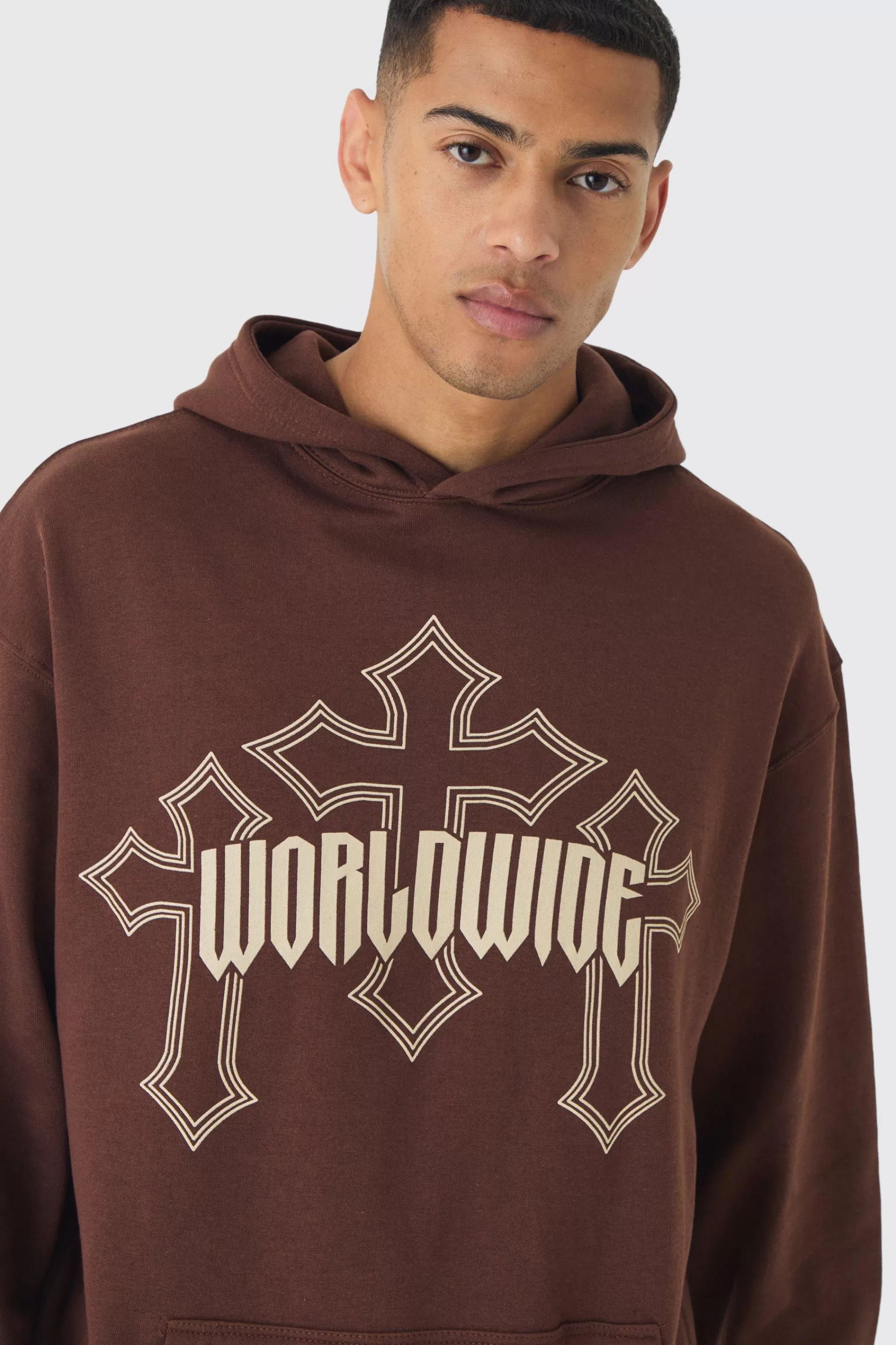 boohooMAN Tall Worldwide Gothic Cross Hoodie & Relaxed Fit Jogger Tracksuit | UK