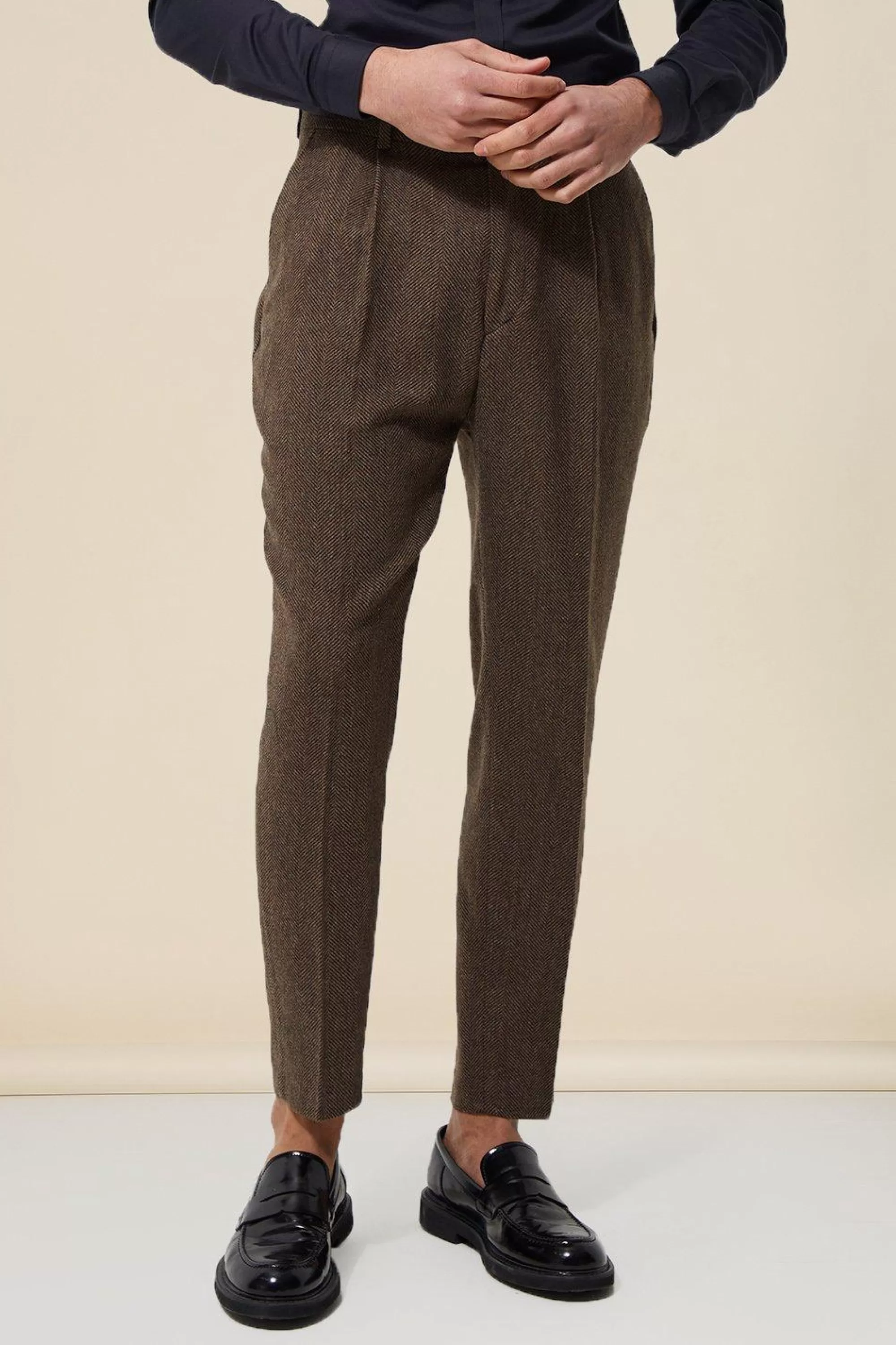 boohooMAN Tapered Fit Herringbone Suit Trousers | UK