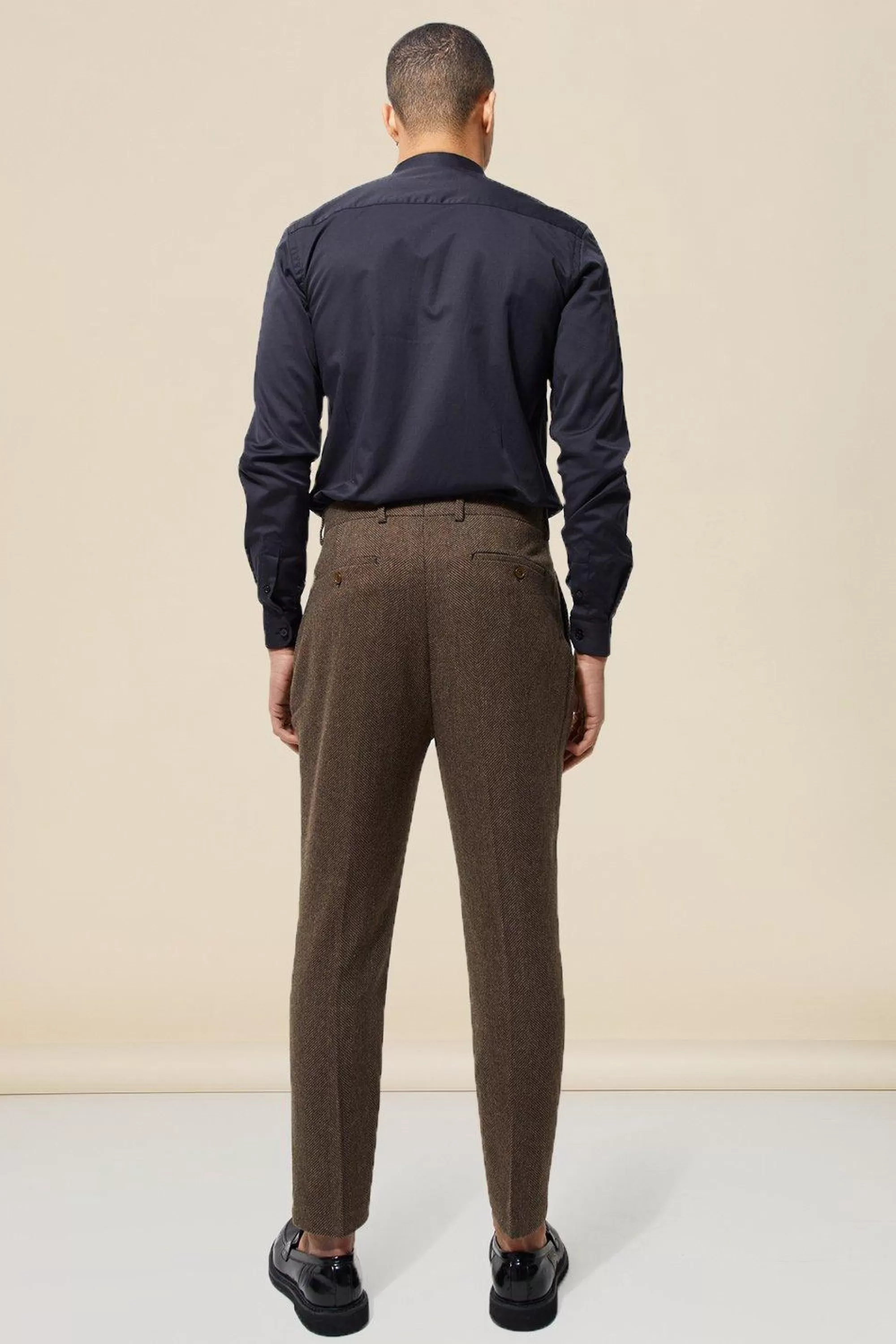 boohooMAN Tapered Fit Herringbone Suit Trousers | UK
