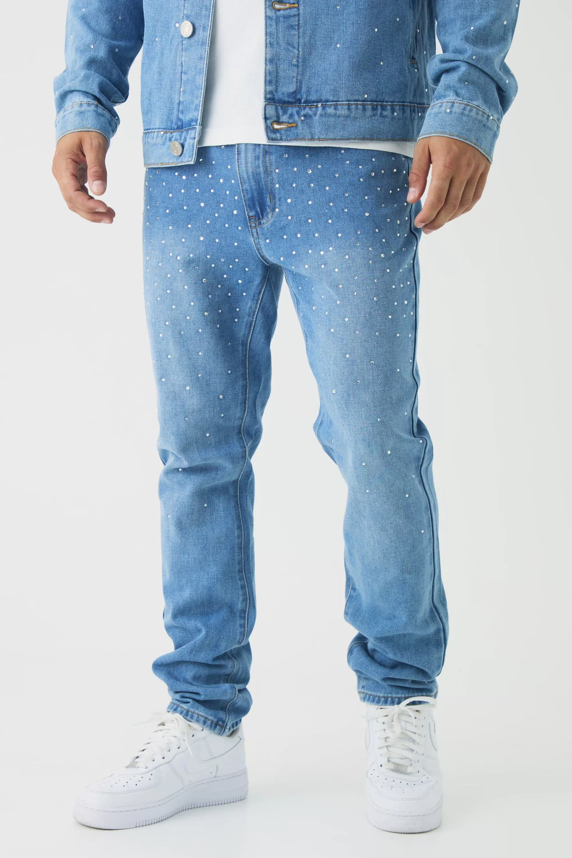 boohooMAN Tapered Rigid Rhinestone Jeans | UK