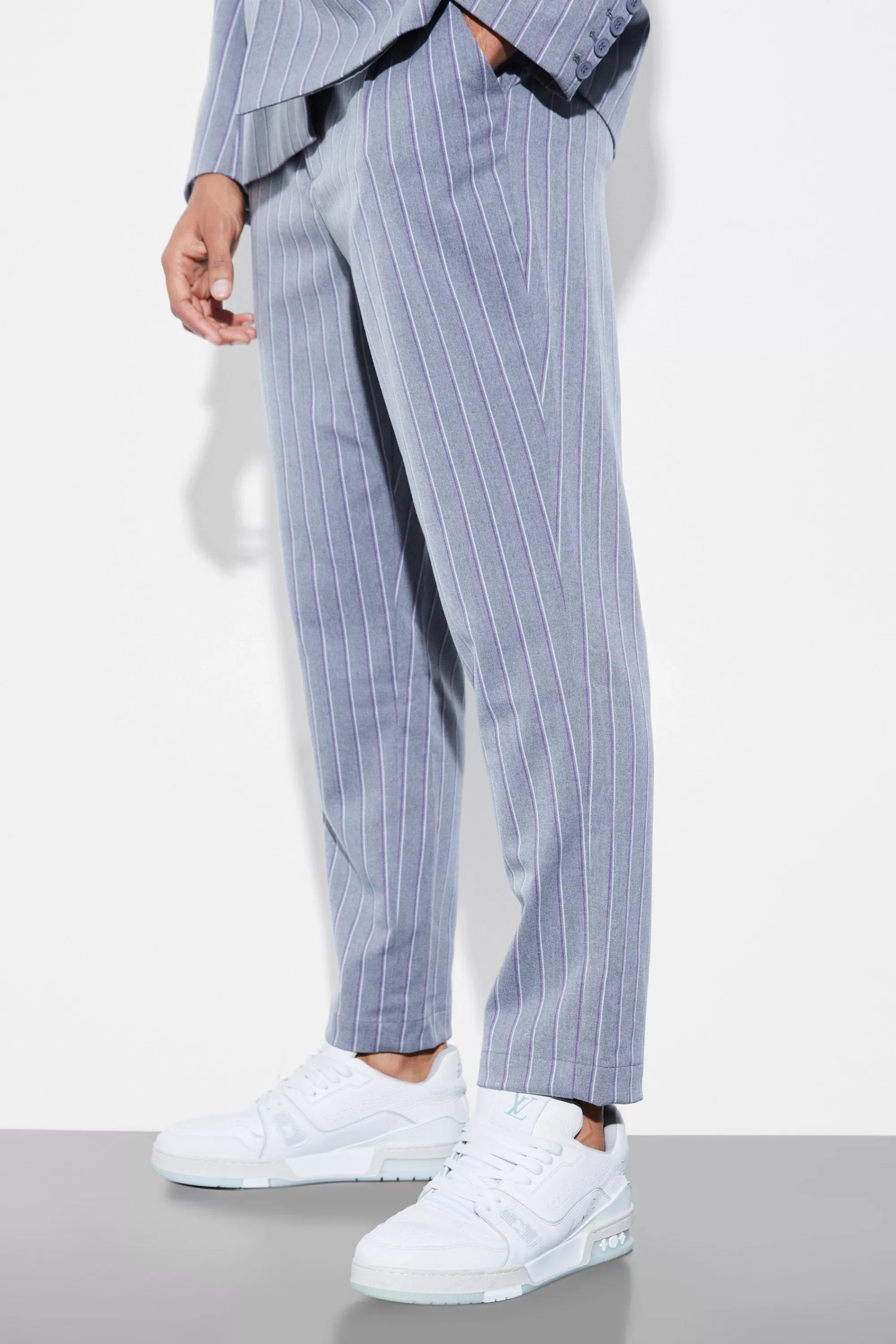boohooMAN Tapered Stripe Suit Trousers | UK