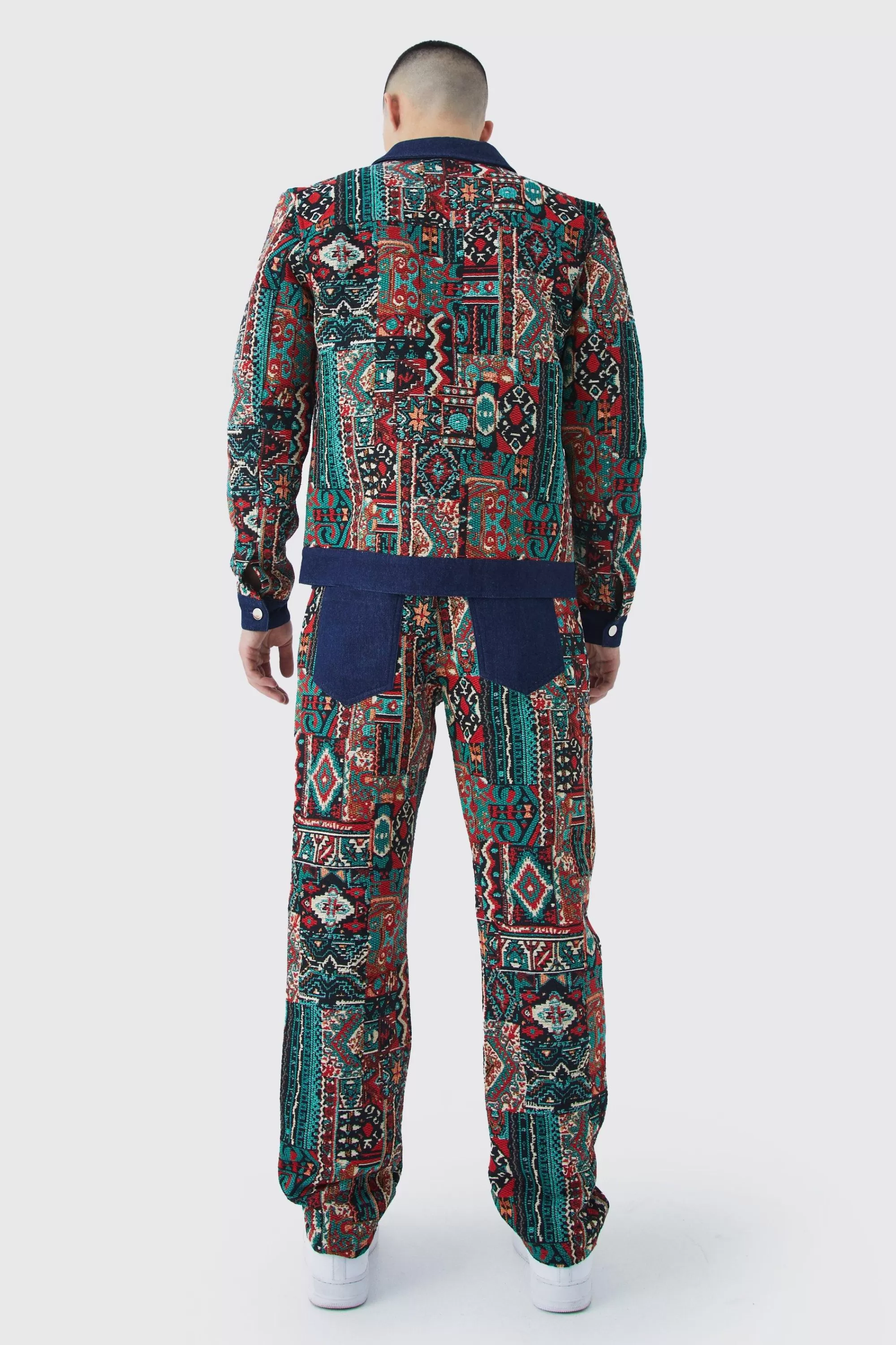 boohooMAN Tapestry Denim Jacket And Jeans Set | UK