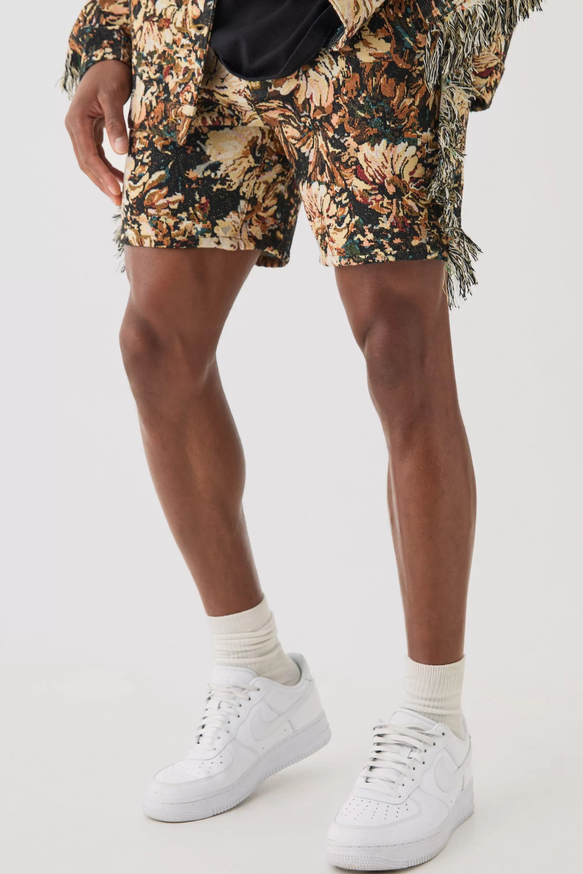 boohooMAN Tapestry Frayed Relaxed Fit Shorts | UK