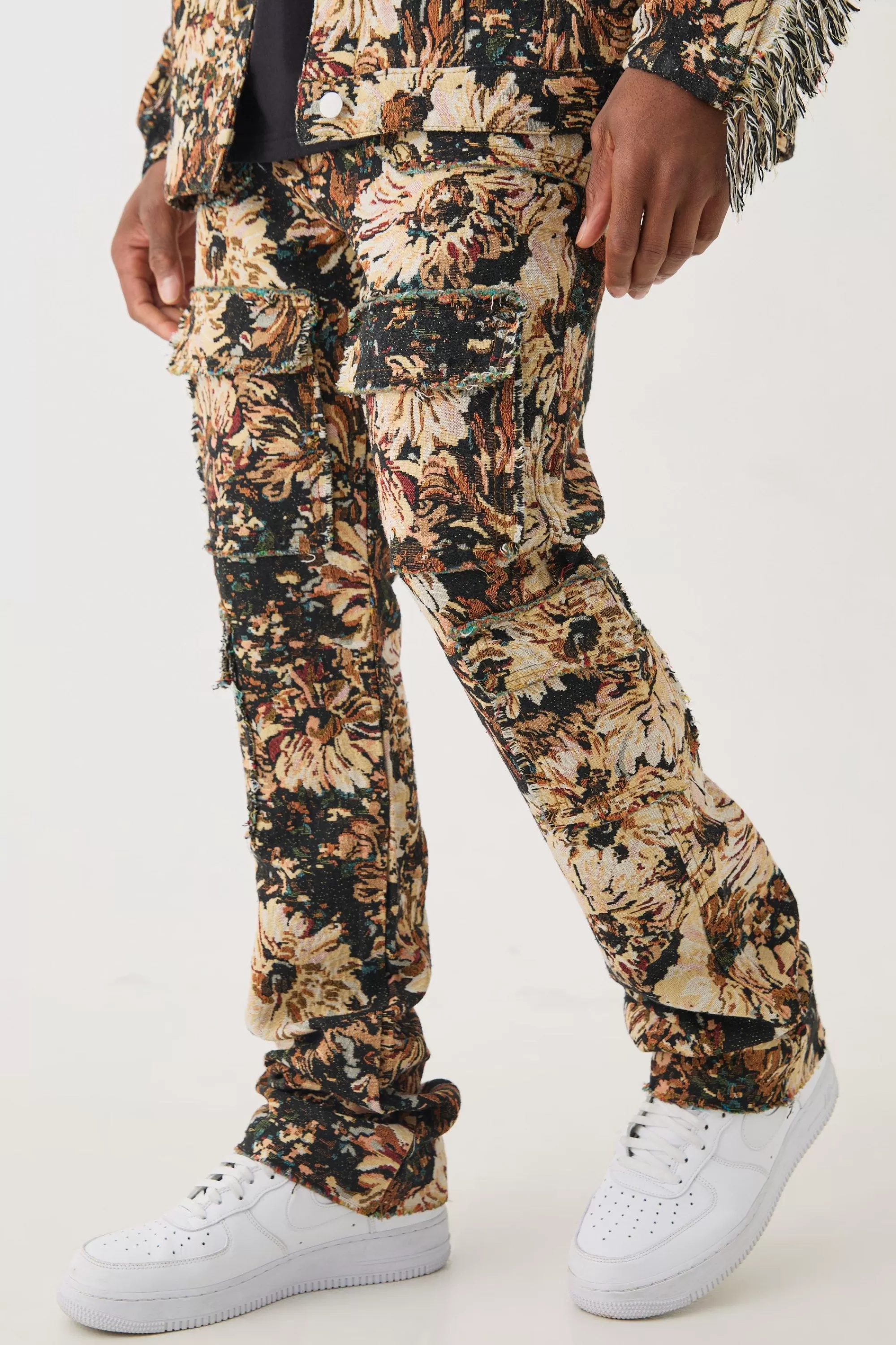 boohooMAN Tapestry Stacked Flared Cargo Trousers | UK