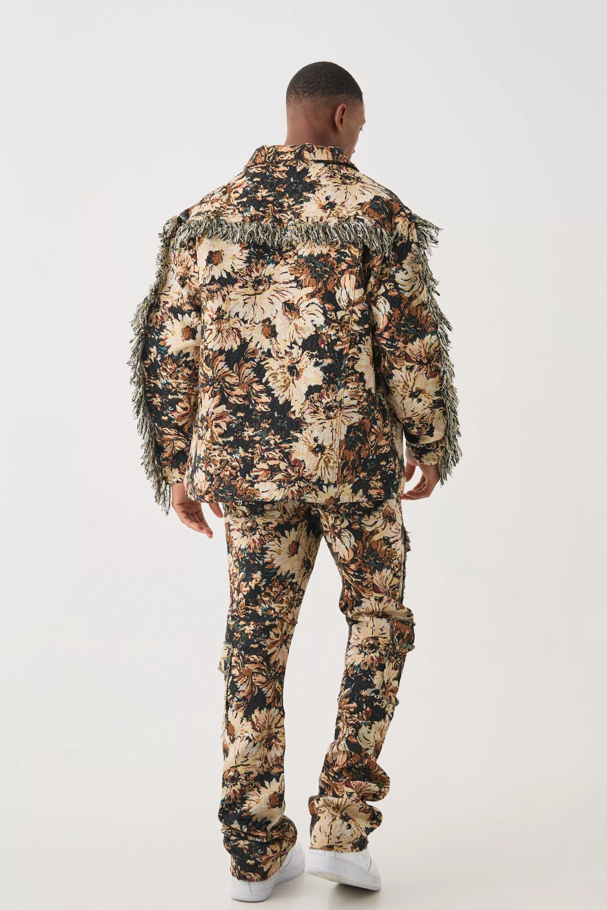 boohooMAN Tapestry Stacked Flared Cargo Trousers | UK