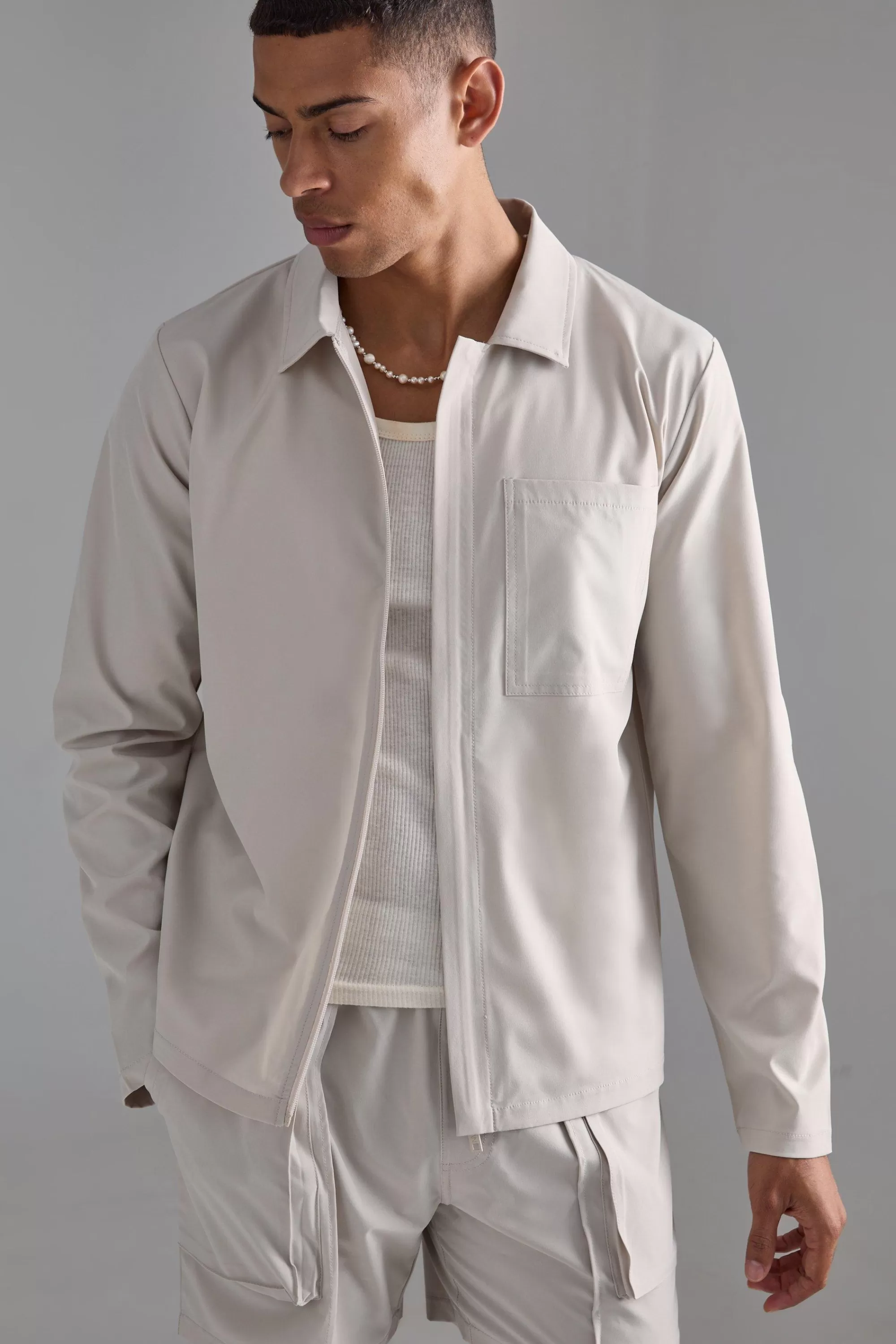 boohooMAN Technical Stretch Concealed Placket Smart Harrington | UK
