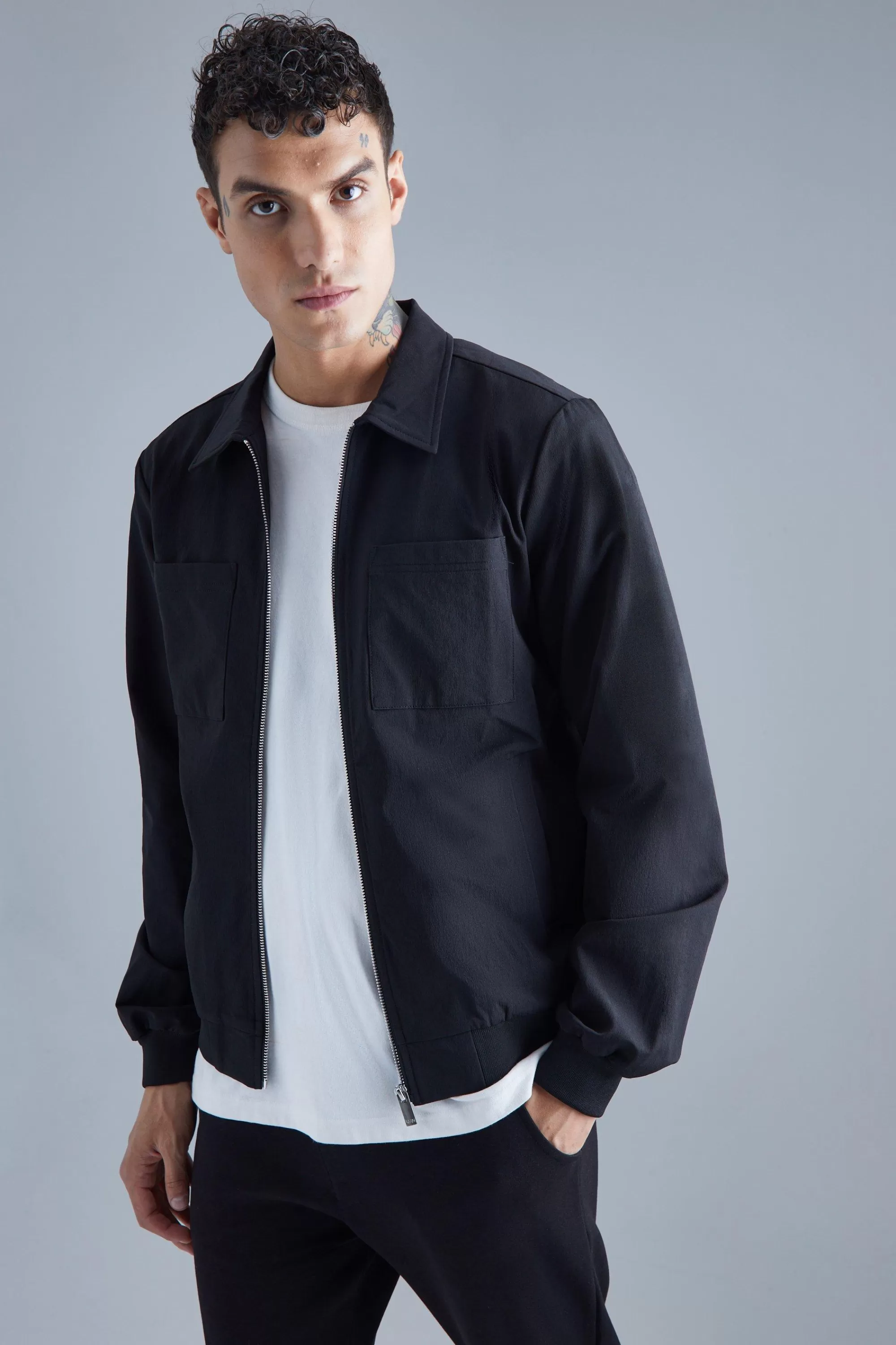 boohooMAN Technical Stretch Harrington With Patch Pockets | UK
