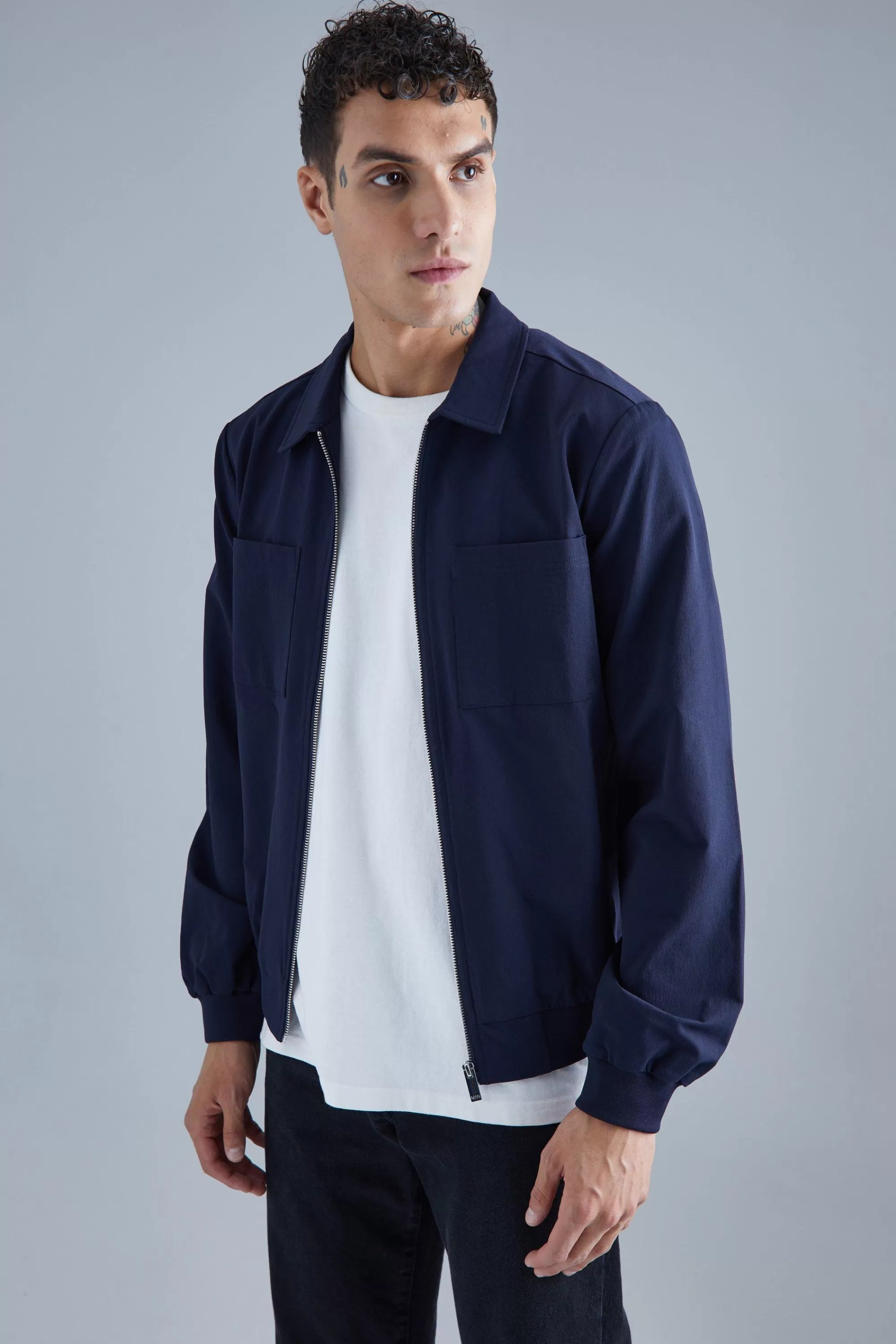 boohooMAN Technical Stretch Harrington With Patch Pockets | UK