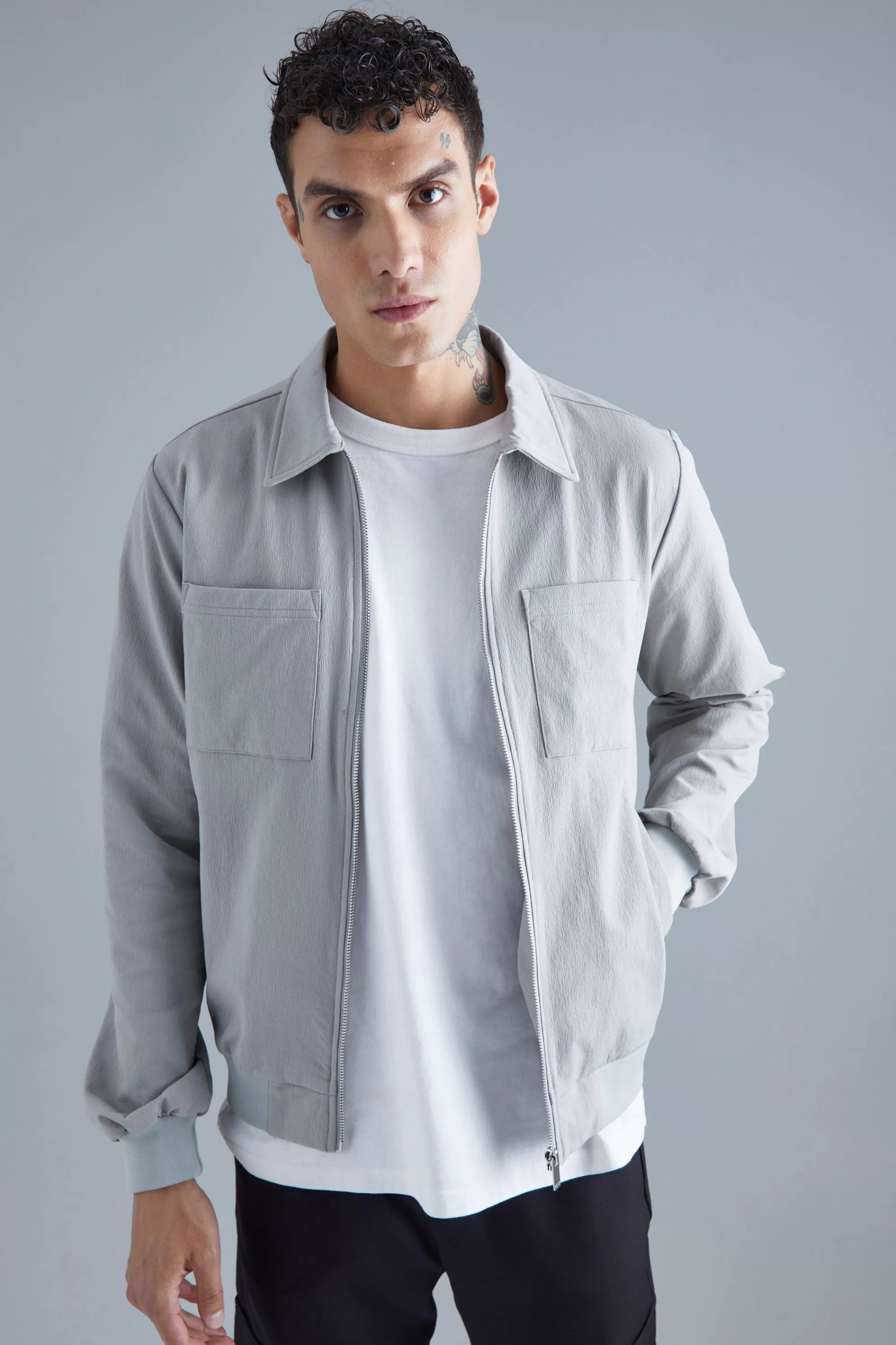 boohooMAN Technical Stretch Harrington With Patch Pockets | UK