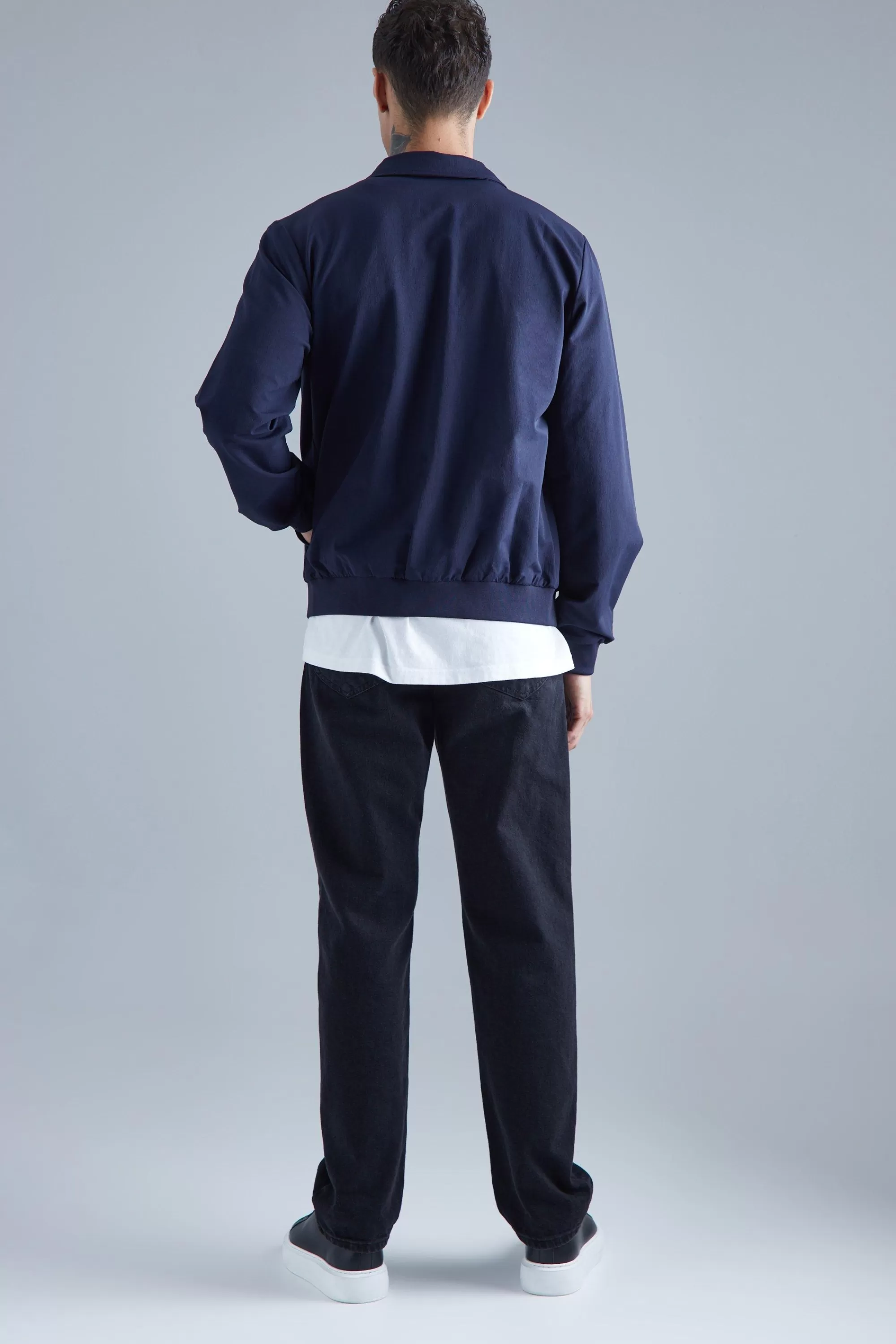 boohooMAN Technical Stretch Harrington With Patch Pockets | UK